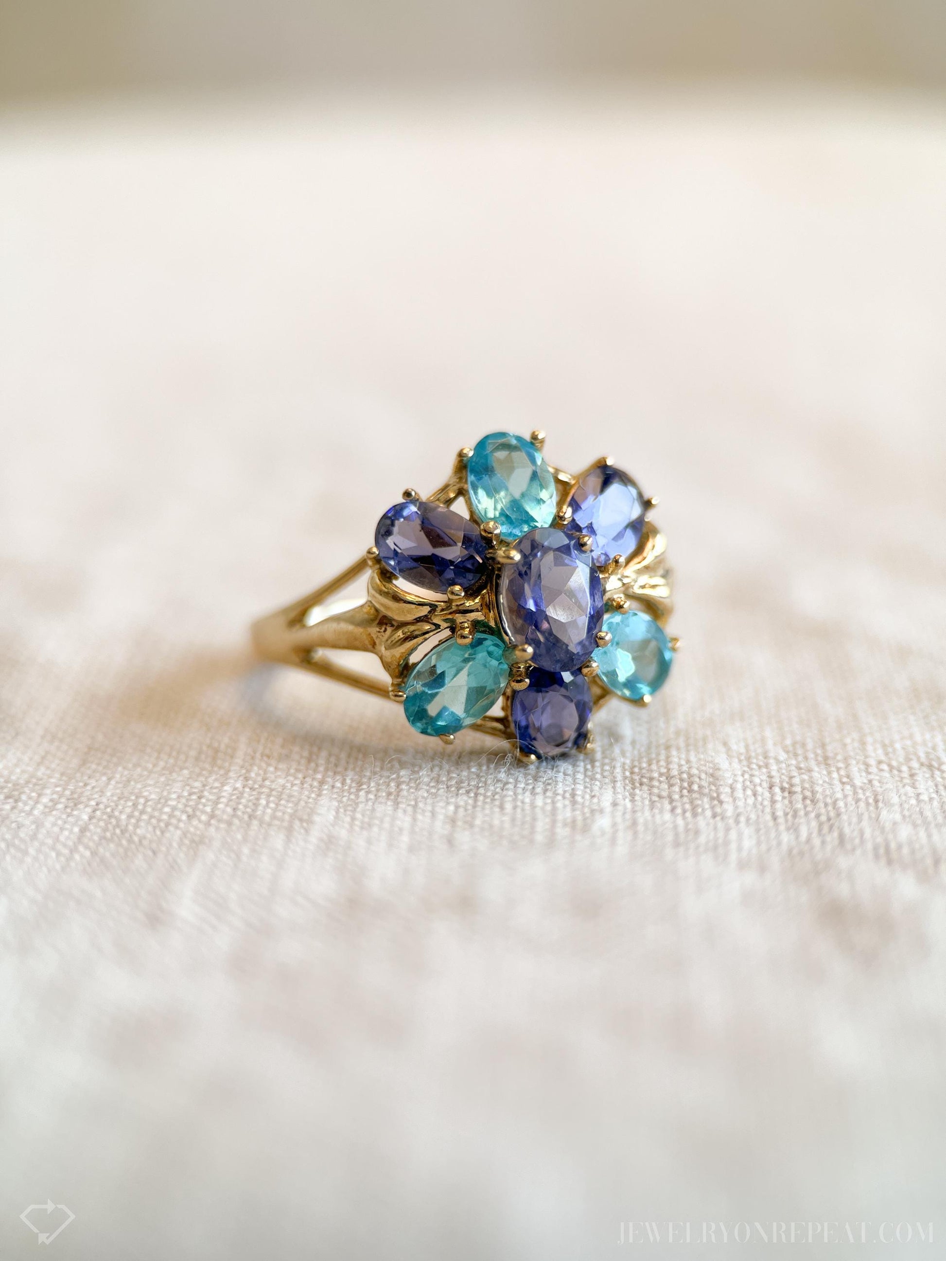 Vintage Amethyst and Apatite Gemstone Cluster Ring in 10k Gold