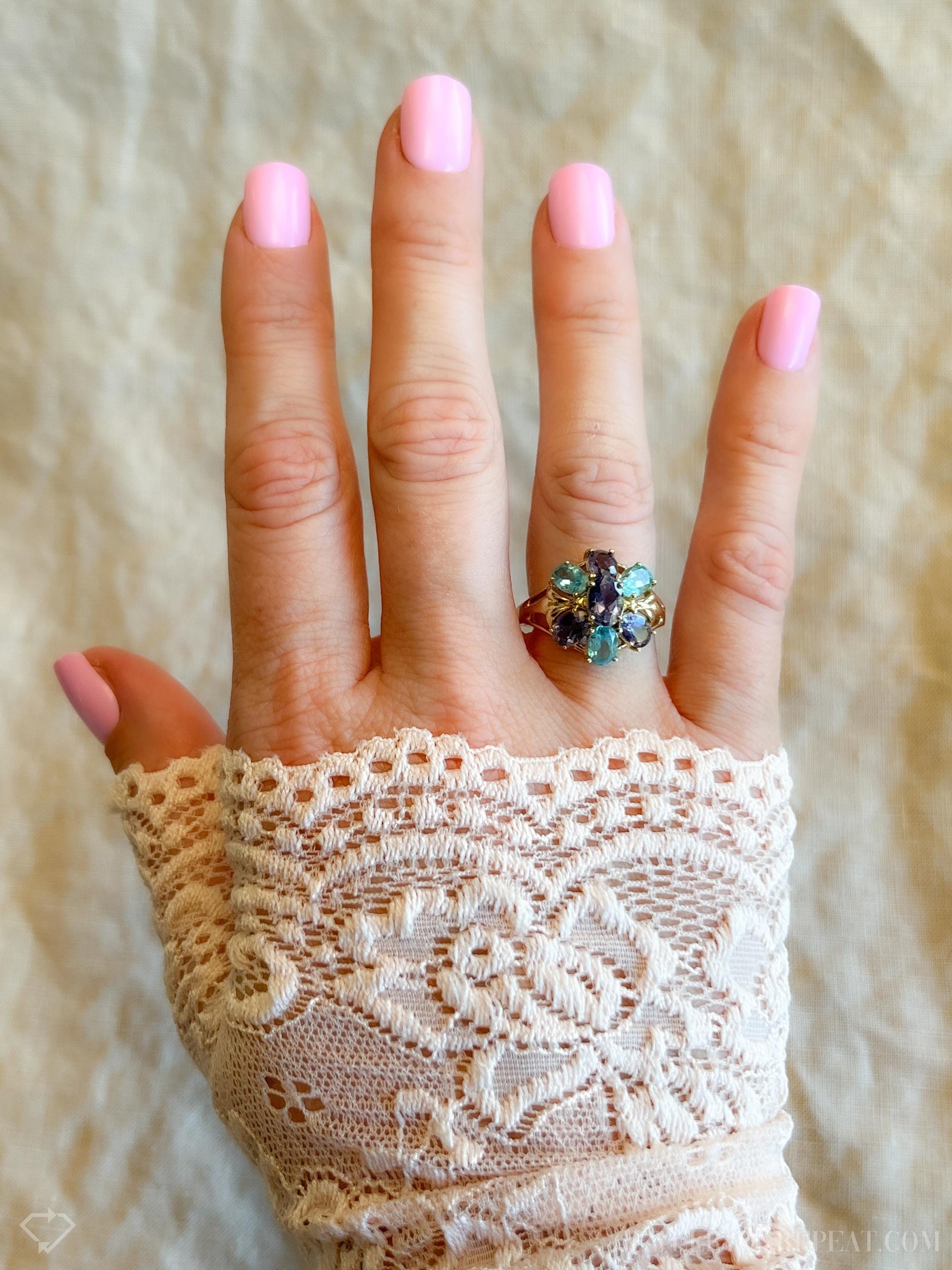 Vintage Amethyst and Apatite Gemstone Cluster Ring in 10k Gold