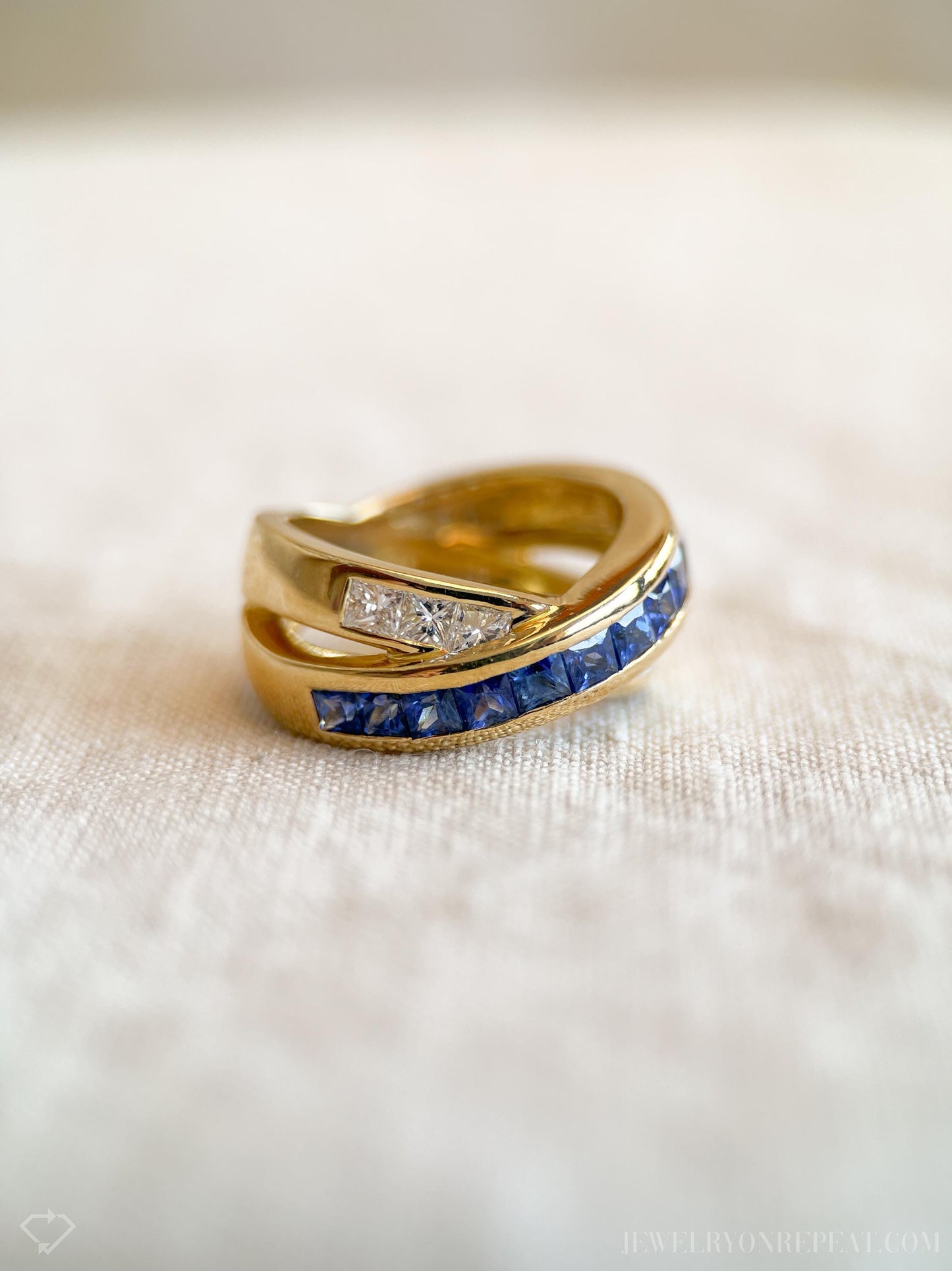 Vintage Sapphire and Diamond Anniversary Band, 18k Gold, Criss-Cross Statement Ring, Woven Band