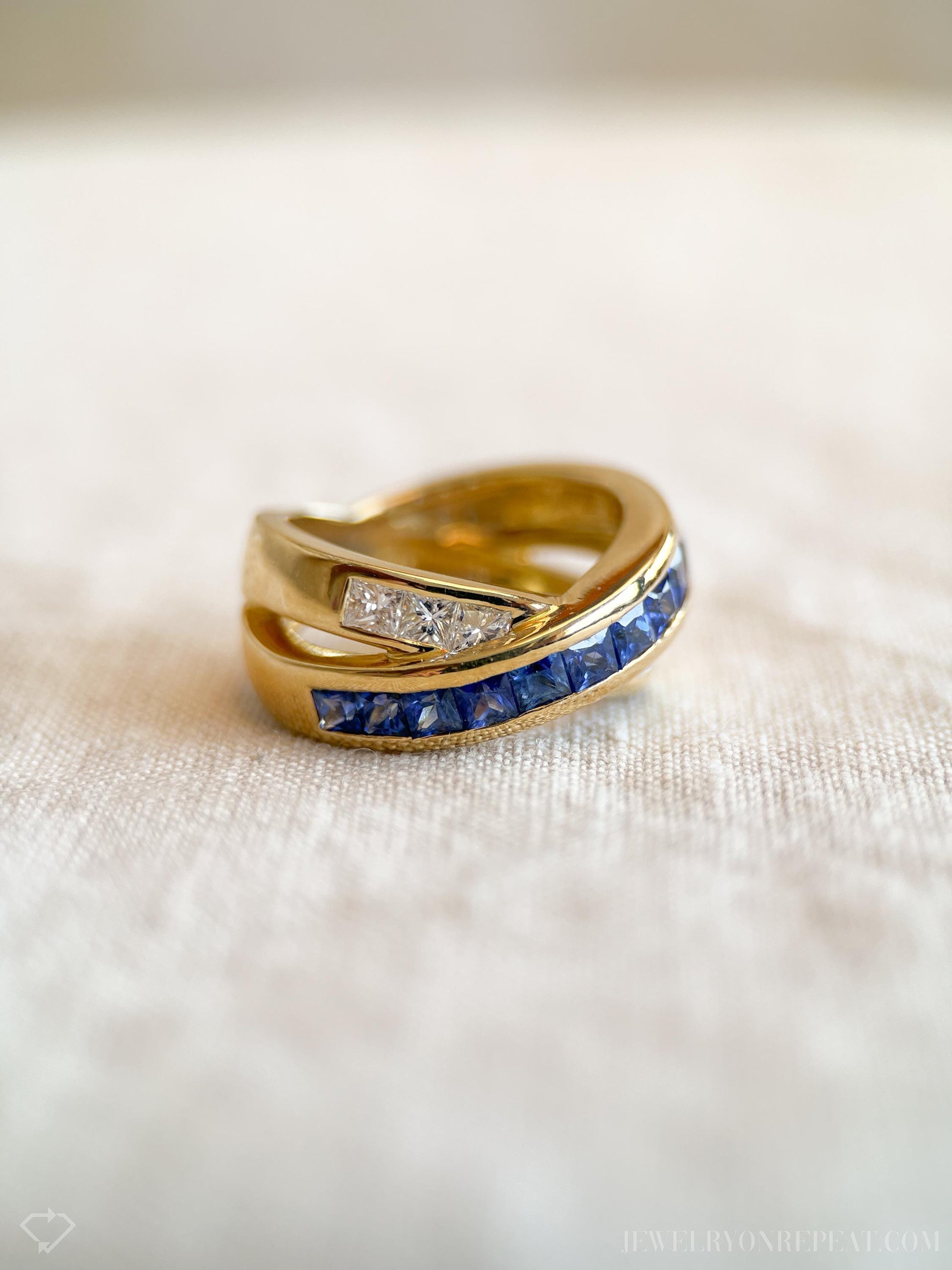 Vintage Sapphire and Diamond Anniversary Band, 18k Gold, Criss-Cross Statement Ring, Woven Band