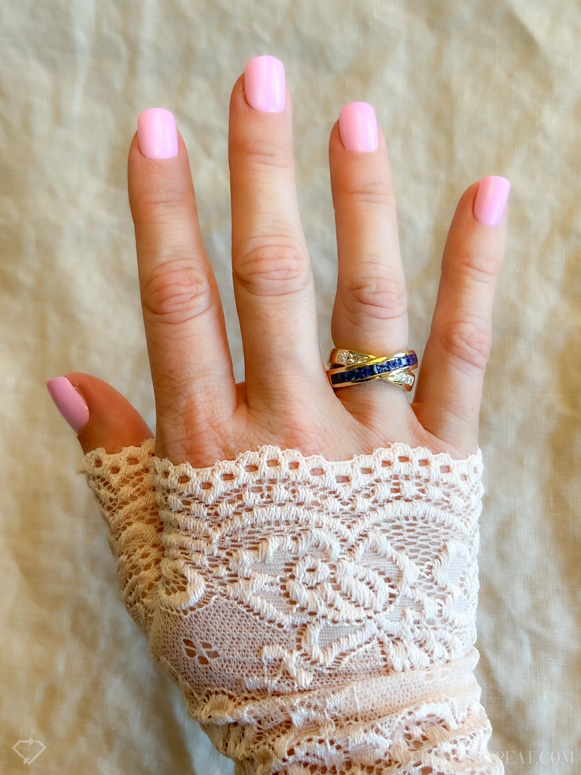 Vintage Sapphire and Diamond Anniversary Band, 18k Gold, Criss-Cross Statement Ring, Woven Band