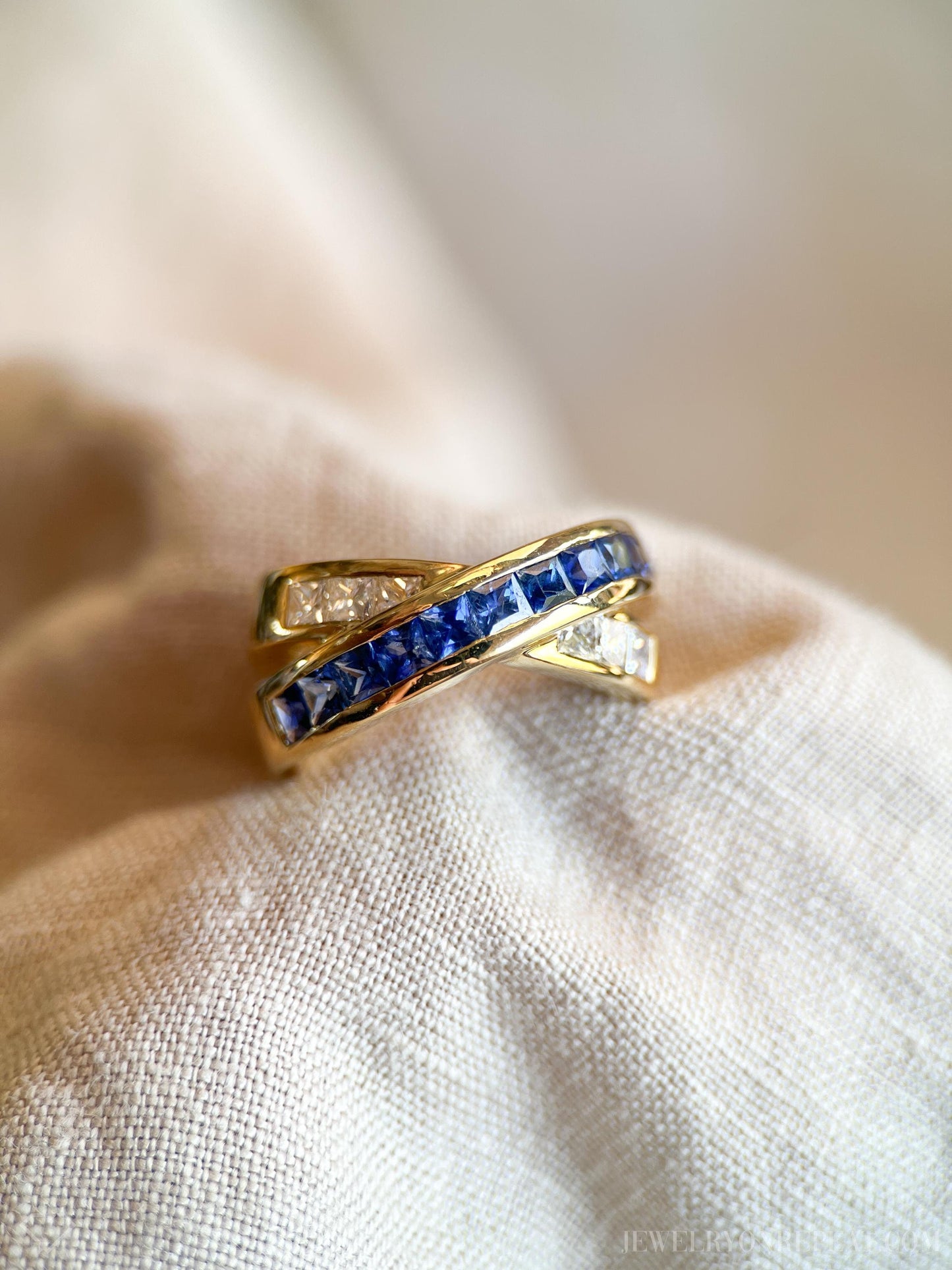 Vintage Sapphire and Diamond Anniversary Band, 18k Gold, Criss-Cross Statement Ring, Woven Band