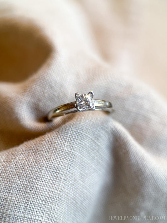 Vintage Princess Cut Diamond Solitaire Engagement Ring in Platinum and White Gold