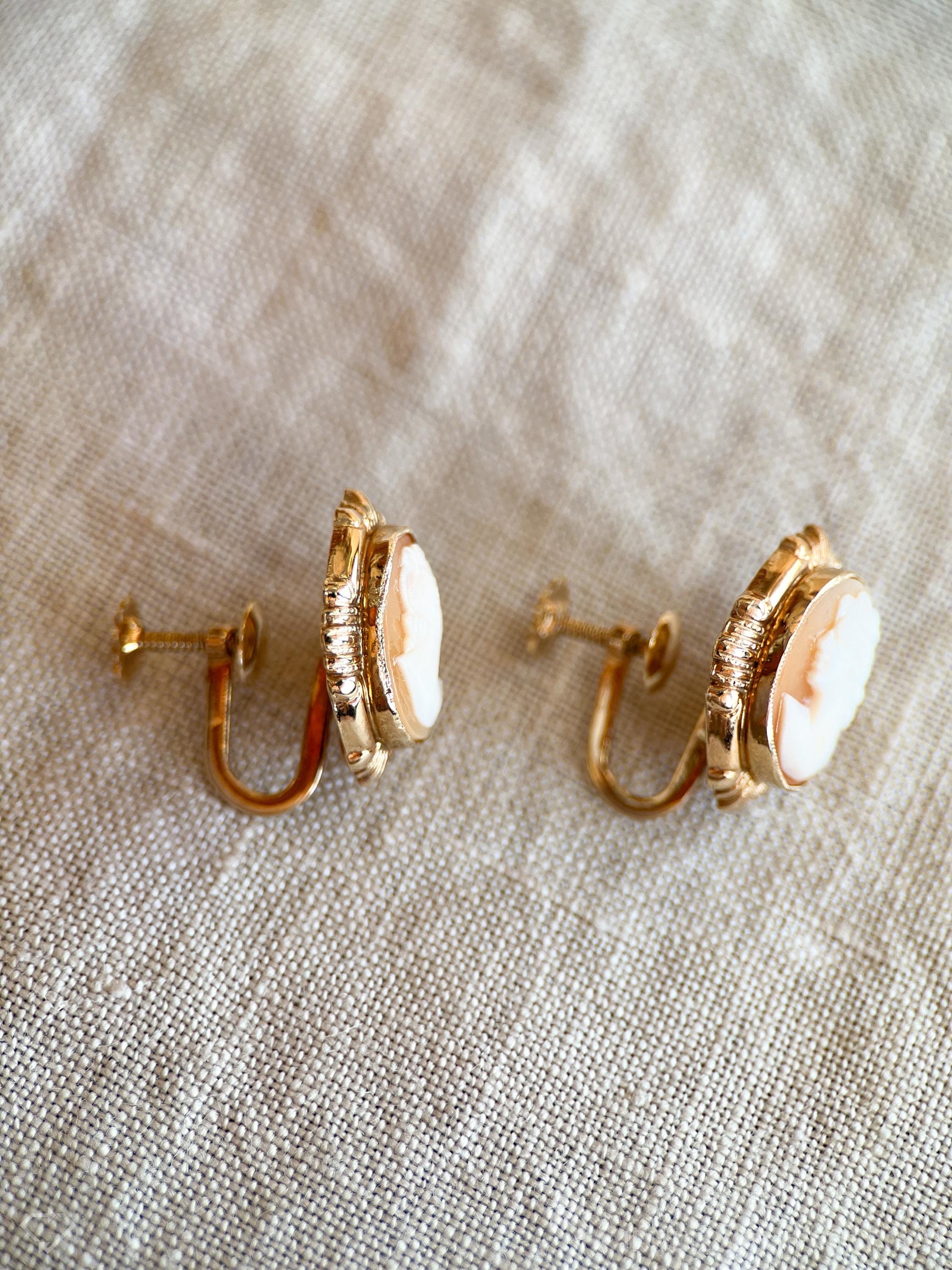 Vintage Clip On Cameo Earrings in 14k Gold