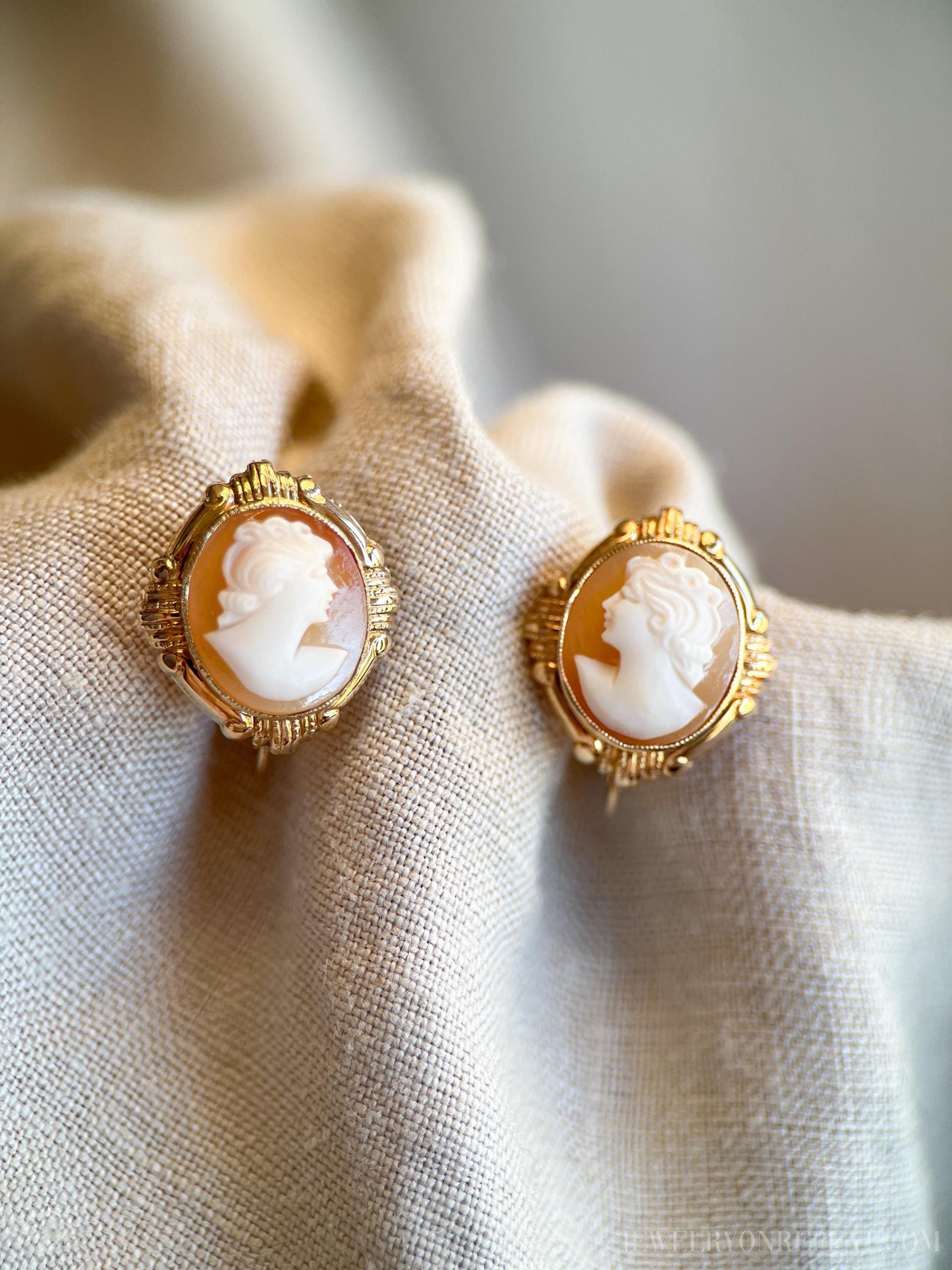 Vintage Clip On Cameo Earrings in 14k Gold