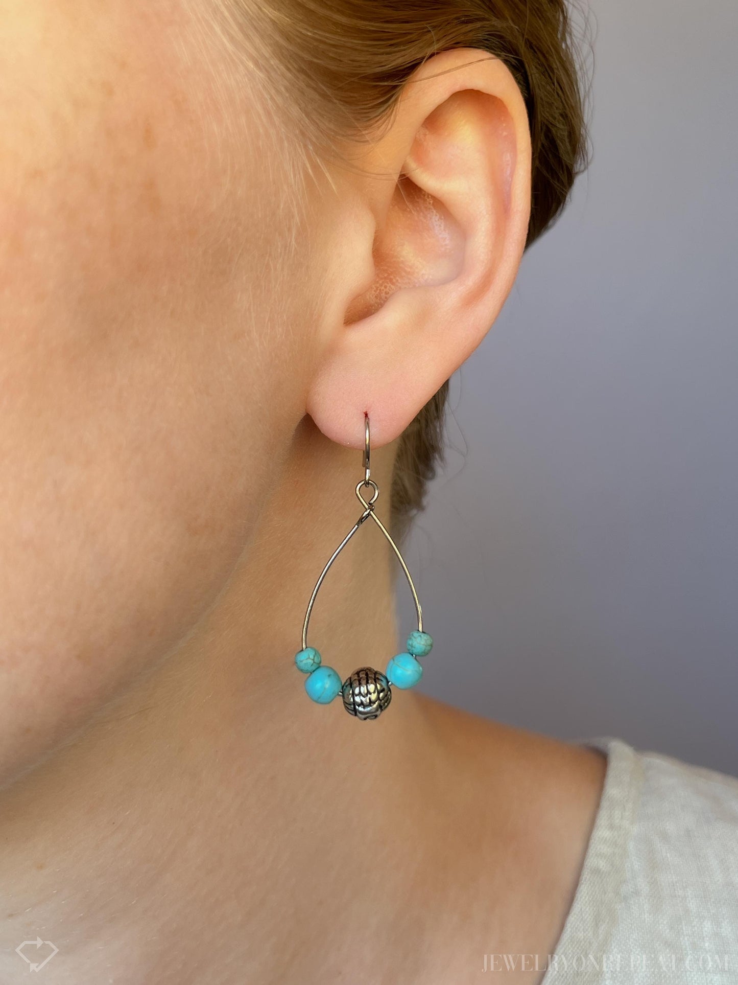 Vintage Blue Turquoise Bead Dangle Earrings in Sterling Silver