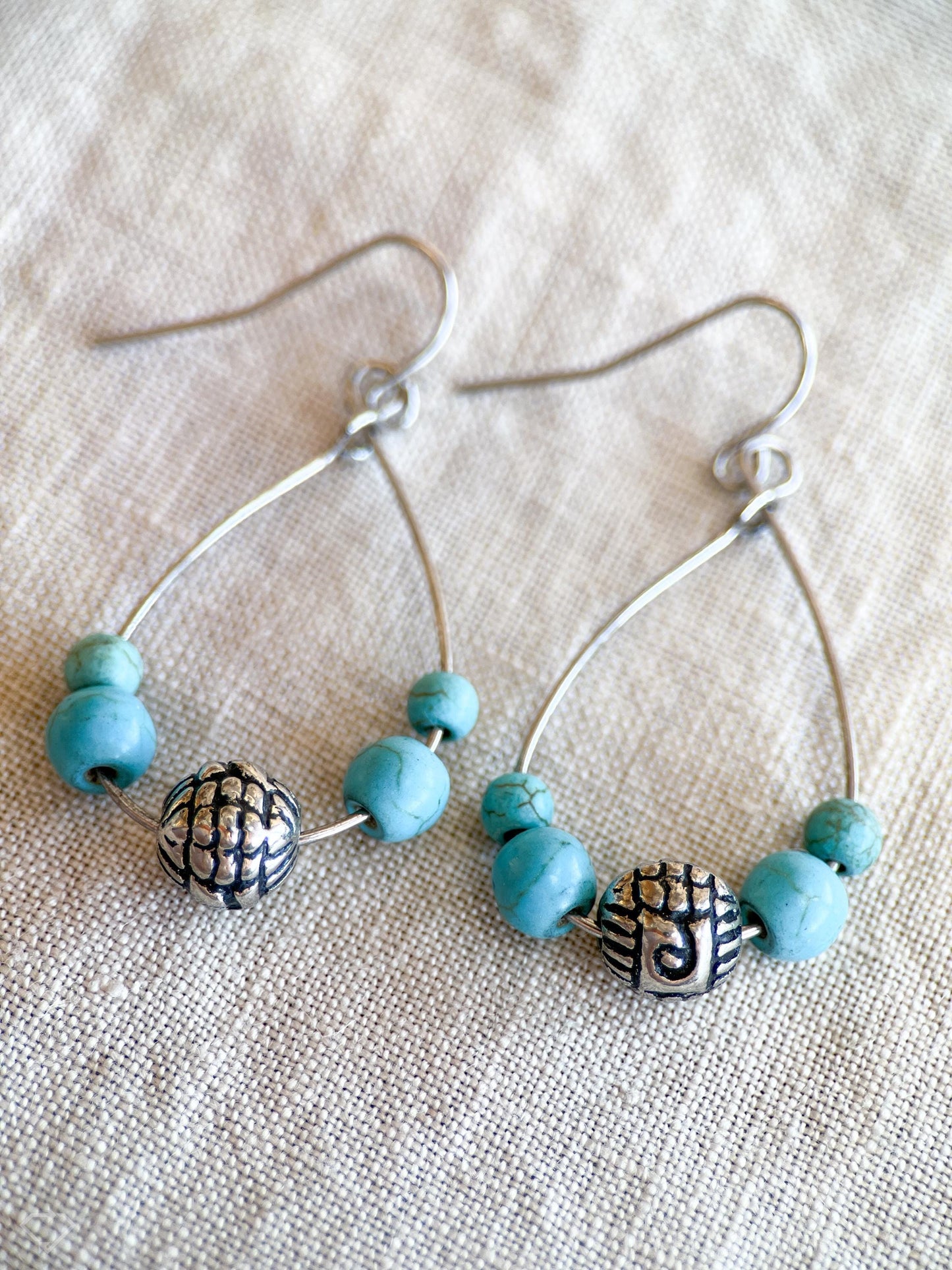 Vintage Blue Turquoise Bead Dangle Earrings in Sterling Silver