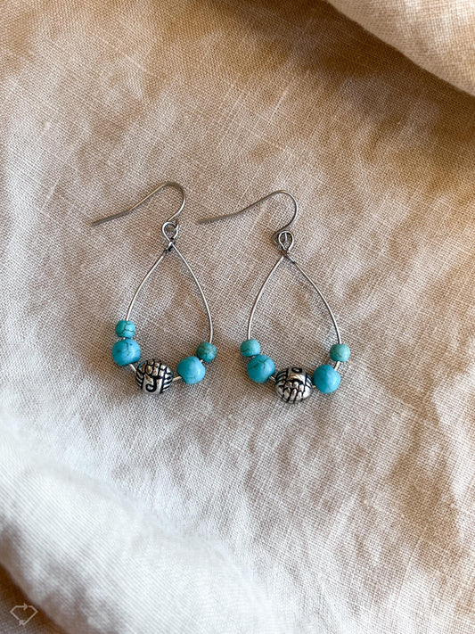 Vintage Blue Turquoise Bead Dangle Earrings in Sterling Silver