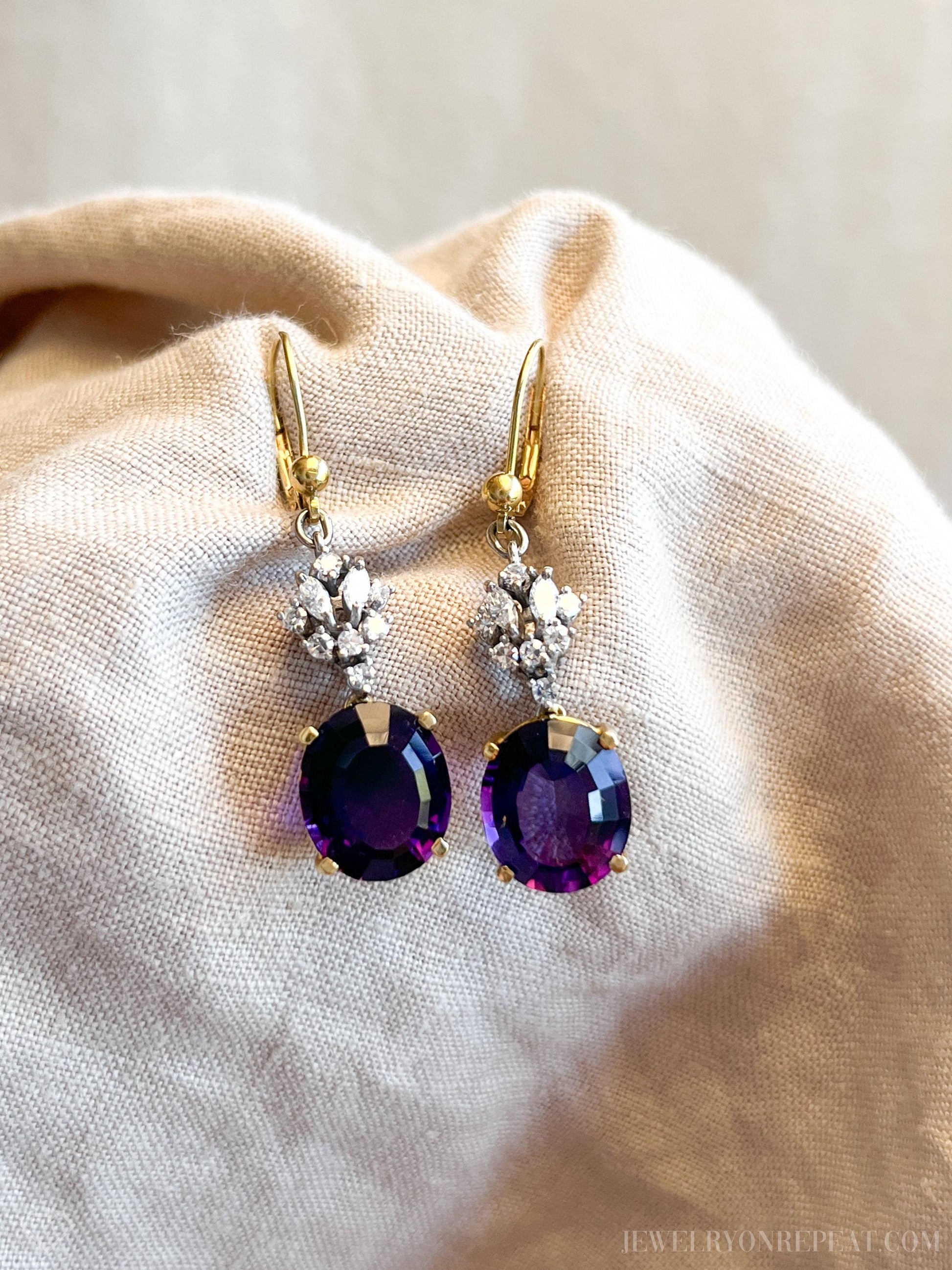 Vintage Amethyst and Diamond Dangle Earrings in 18k Gold