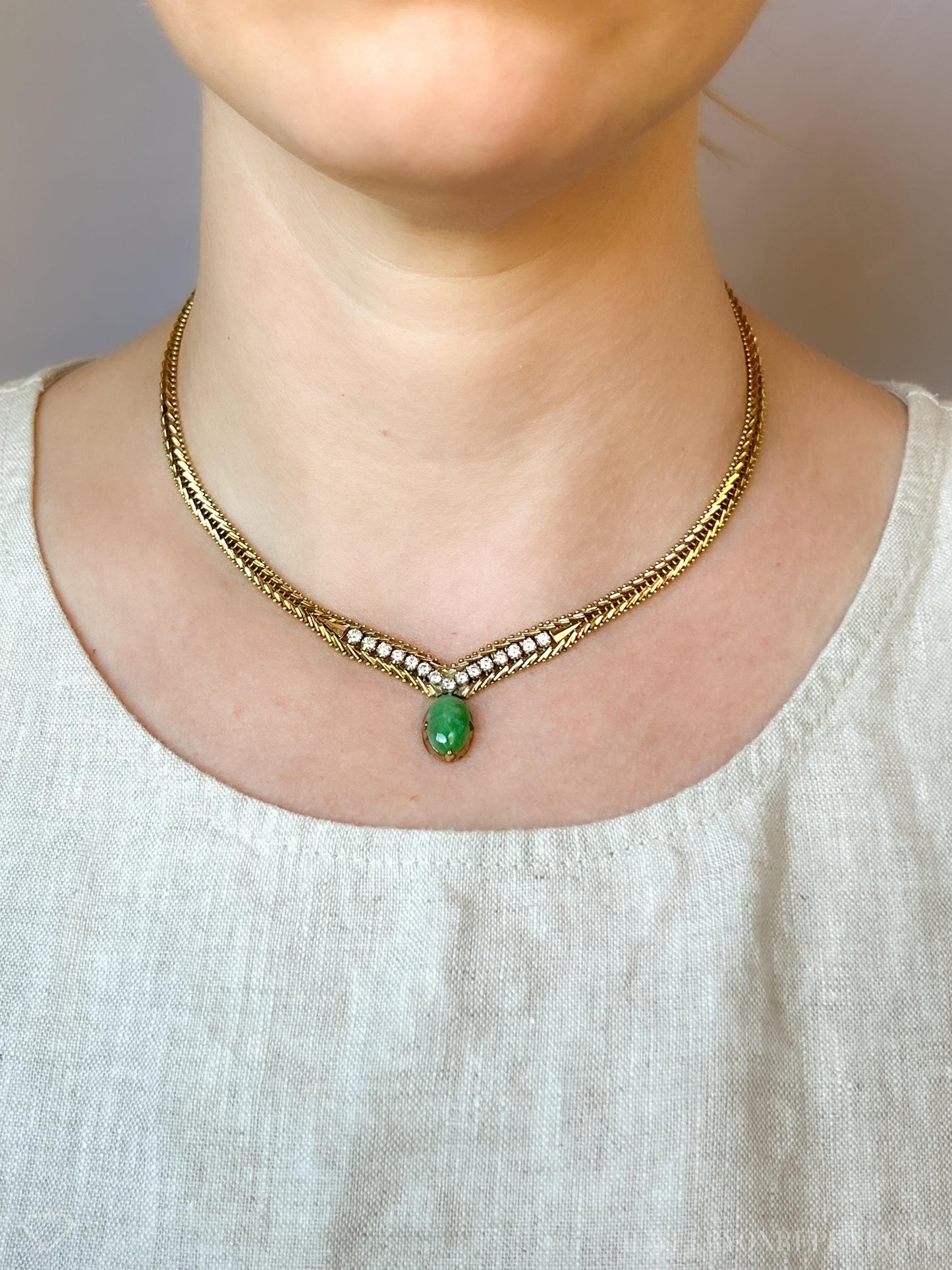 Vintage Jade and Diamond Necklace in 14k Gold