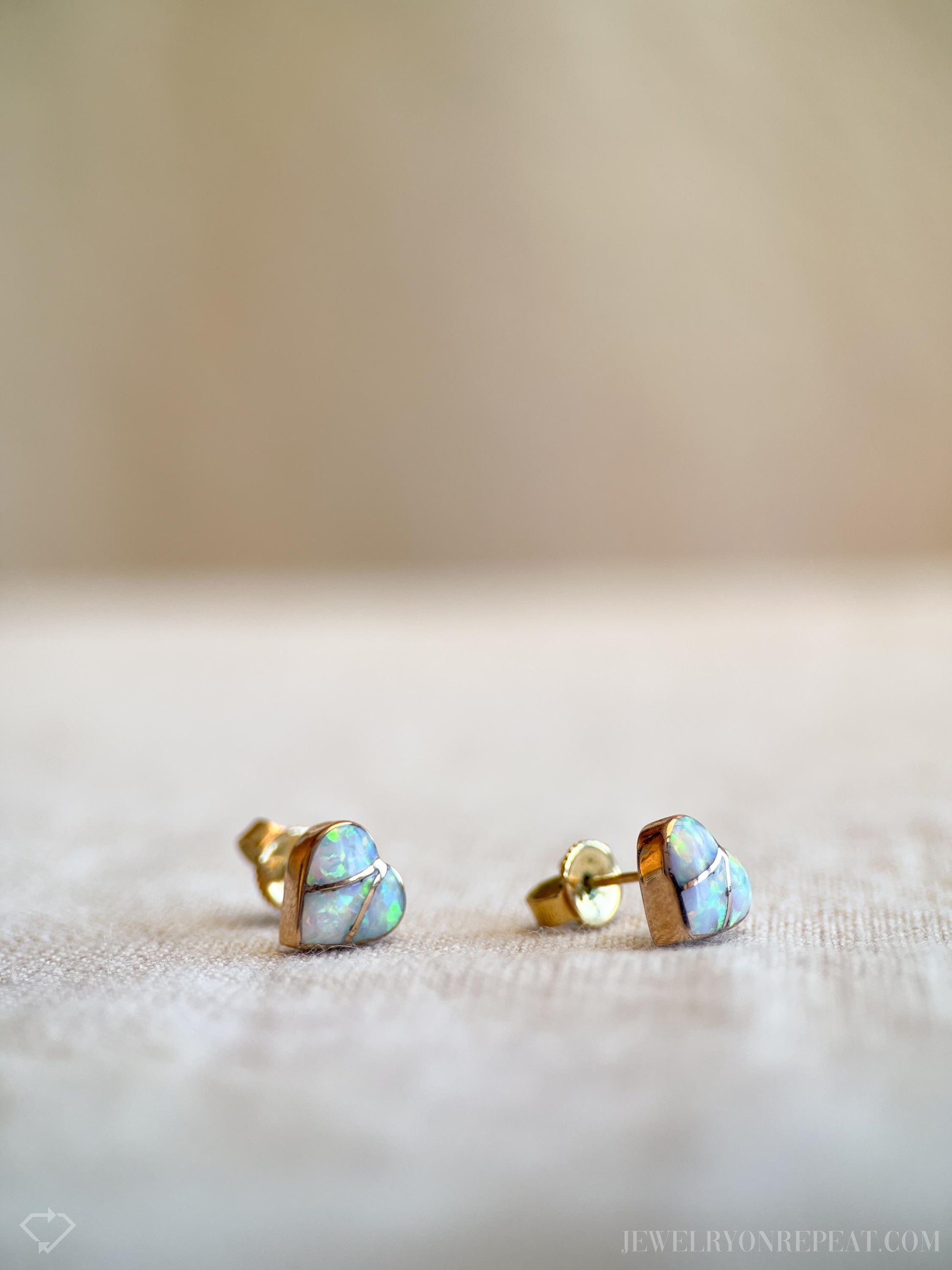 Vintage Opal Heart Stud Earrings in 14k Gold