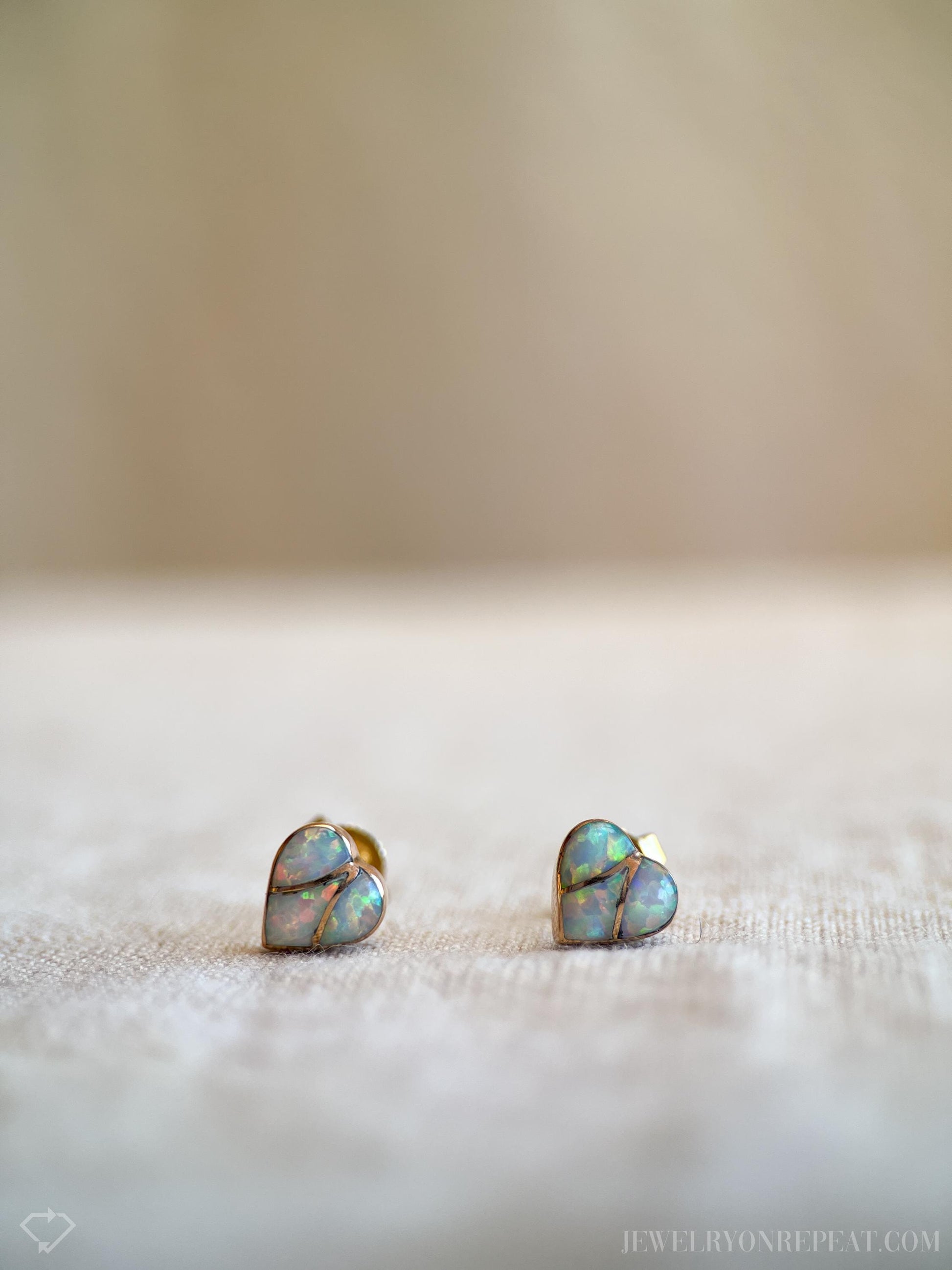 Vintage Opal Heart Stud Earrings in 14k Gold