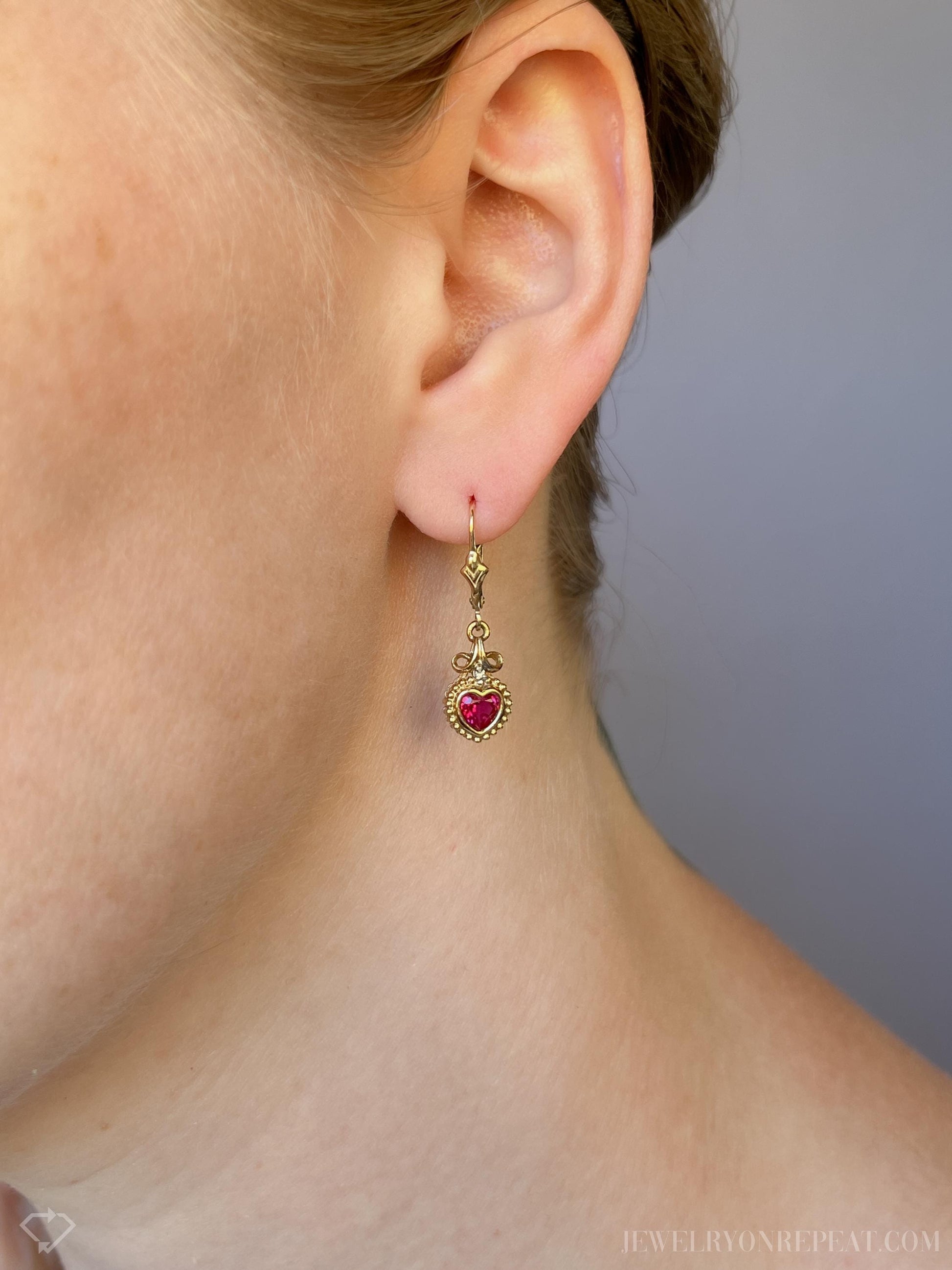 Vintage Ruby Heart Dangle Earrings in 14k Gold