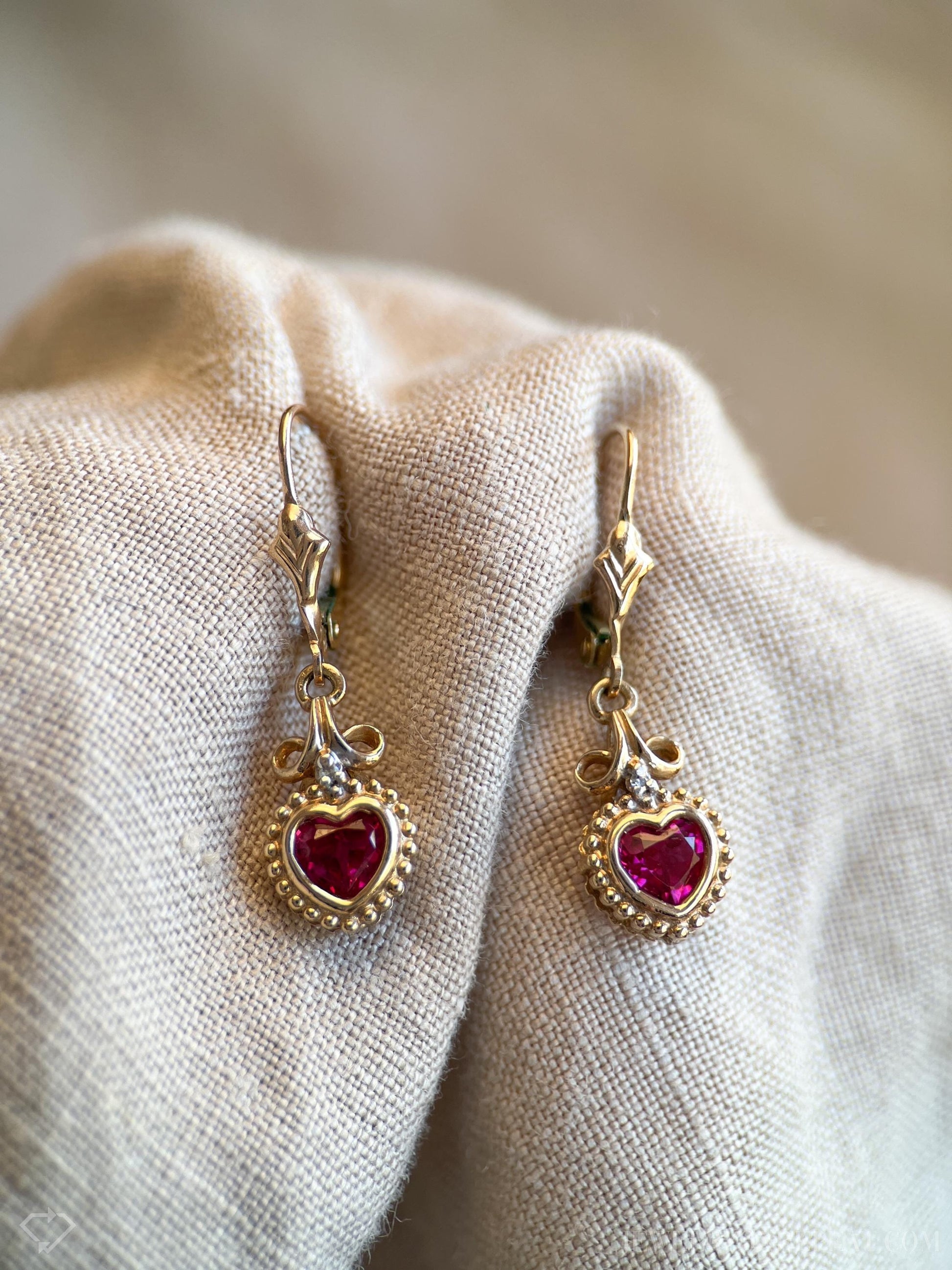 Vintage Ruby Heart Dangle Earrings in 14k Gold