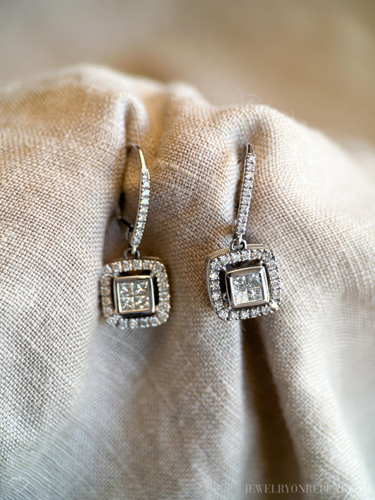 Vintage Diamond Halo Dangle Earrings in 14k White Gold