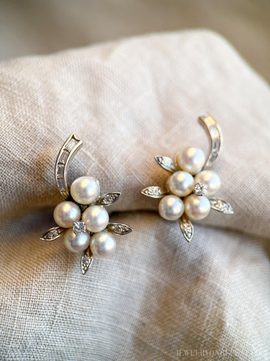 Vintage Pearl and Diamond Clip On Earrings in 14k White Gold