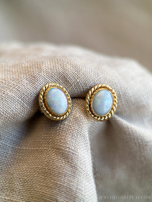 Vintage Opal Oval Stud Earrings in 14k Gold