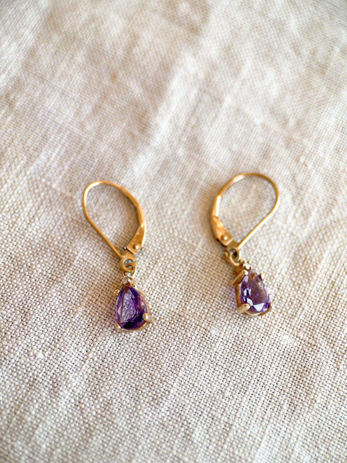 Vintage Amethyst and Diamond Earrings, 10k Gold, Pear Dangle Drop Earrings, Gift for Her