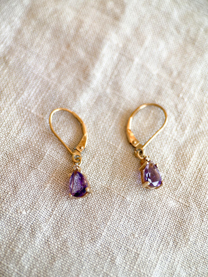 Vintage Amethyst and Diamond Earrings, 10k Gold, Pear Dangle Drop Earrings, Gift for Her