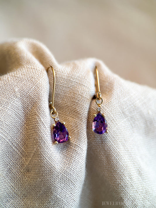 Vintage Amethyst and Diamond Earrings, 10k Gold, Pear Dangle Drop Earrings, Gift for Her