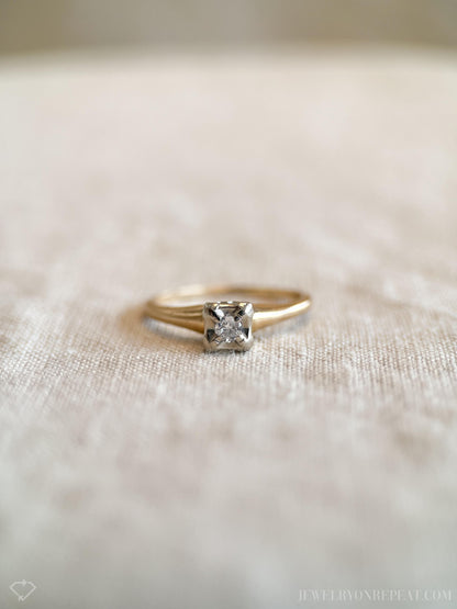 Vintage Diamond Engagement Ring, Round Cut, 14k Gold, 1930s Art Deco Solitaire Bridal Ring