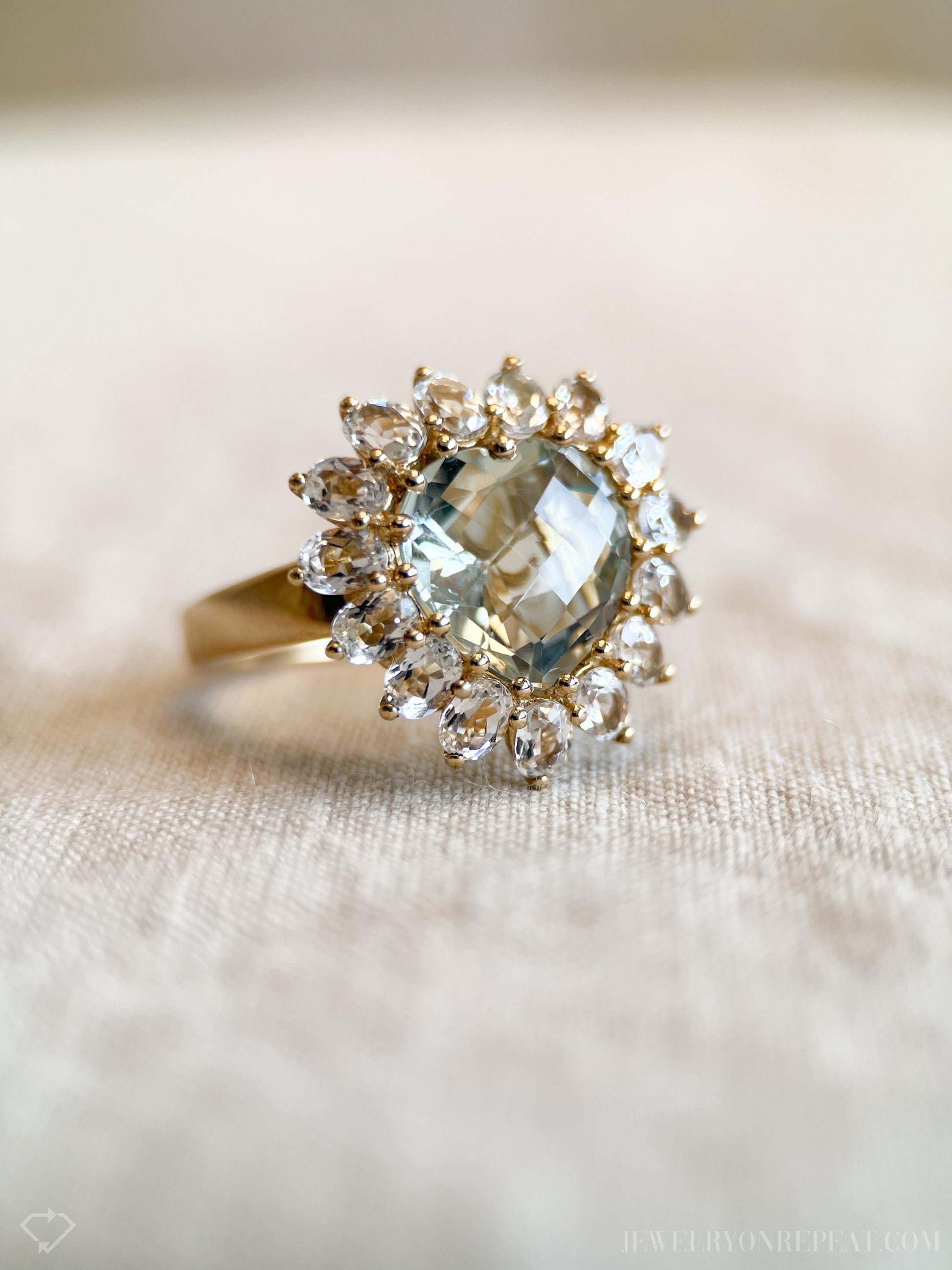 Vintage Heart Cut Green Prasiolite Gemstone Halo Ring in 10k Gold