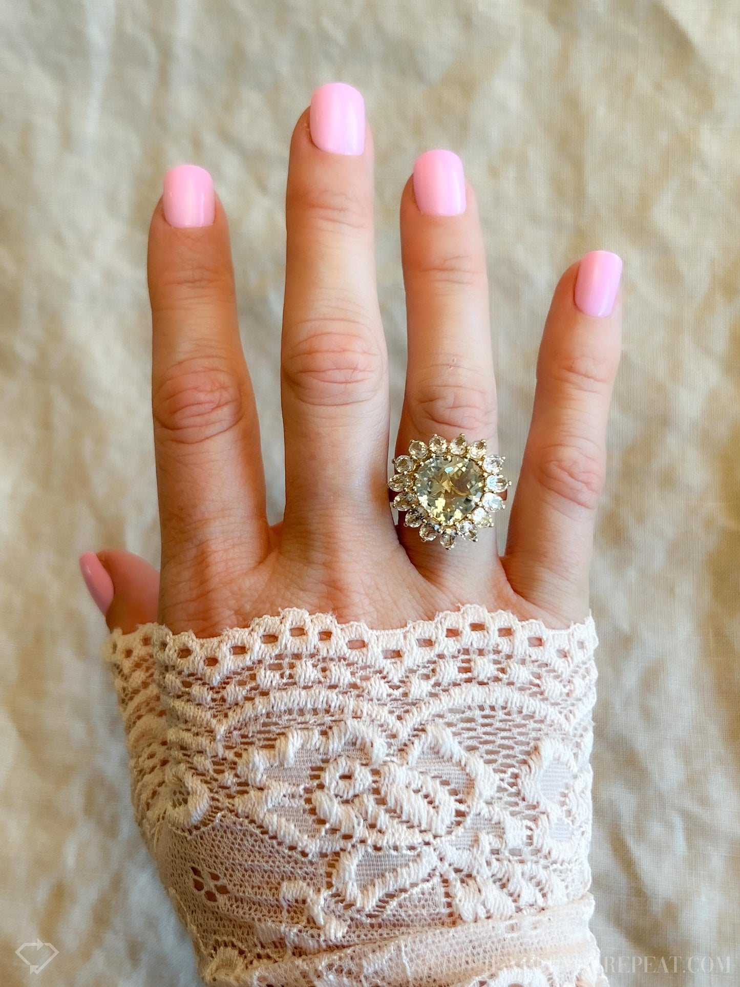 Vintage Heart Cut Green Prasiolite Gemstone Halo Ring in 10k Gold