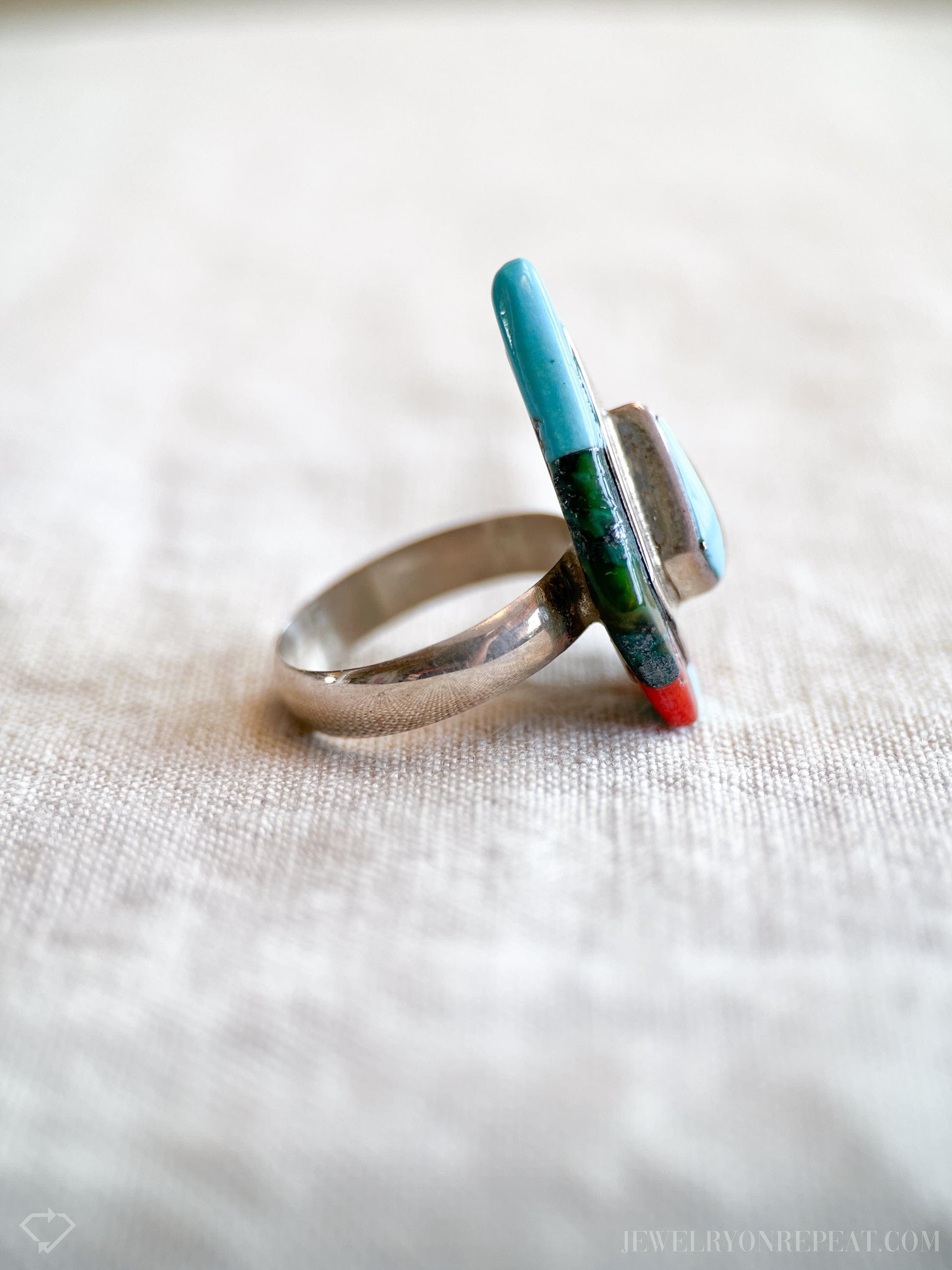 Vintage Inlaid Gemstone Ring in Sterling Silver