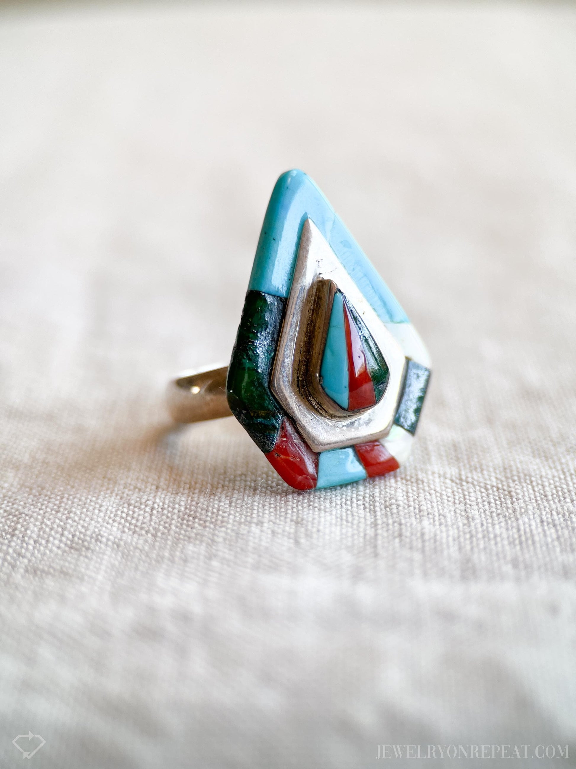 Vintage Inlaid Gemstone Ring in Sterling Silver