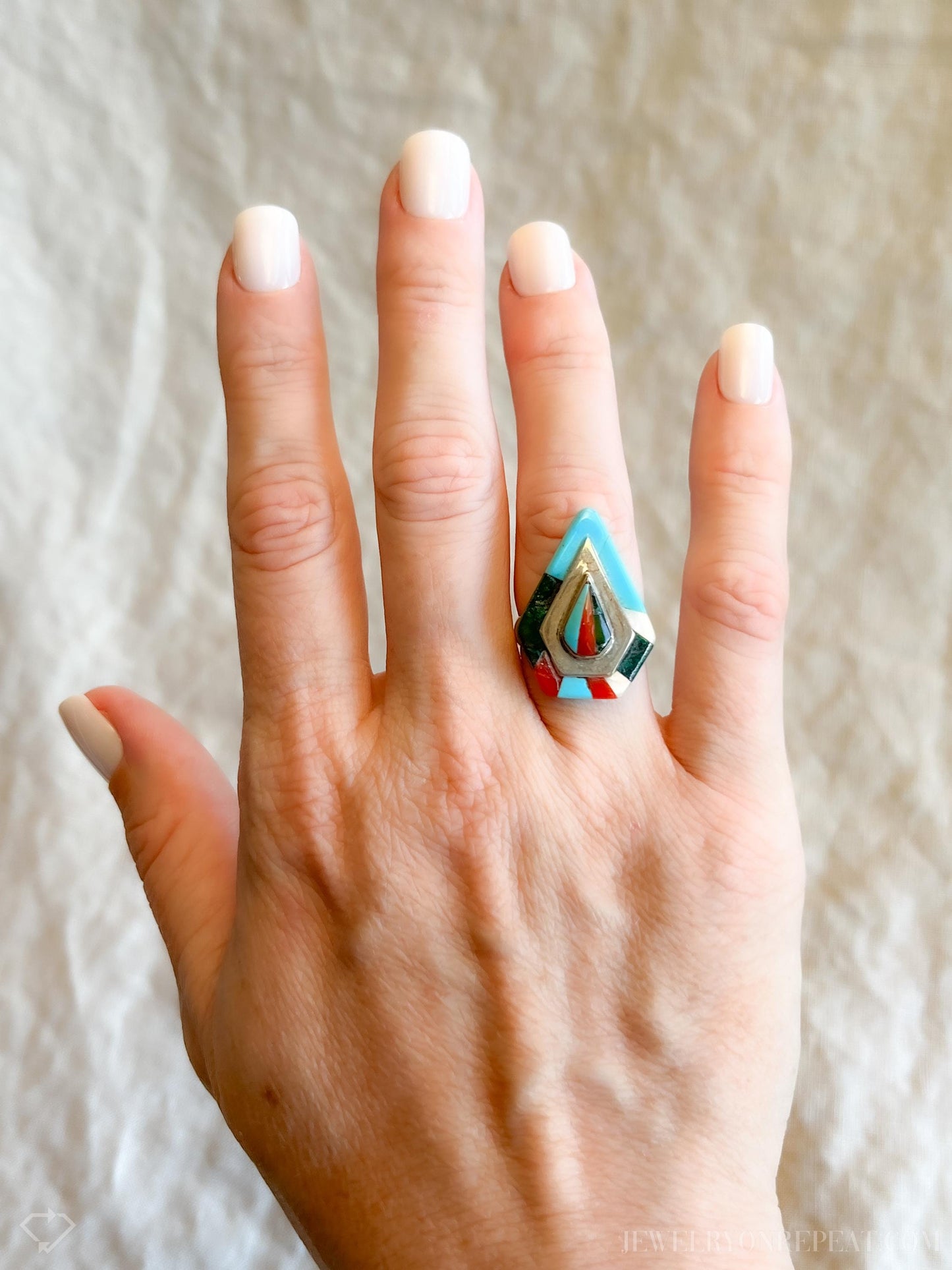 Vintage Inlaid Gemstone Ring in Sterling Silver