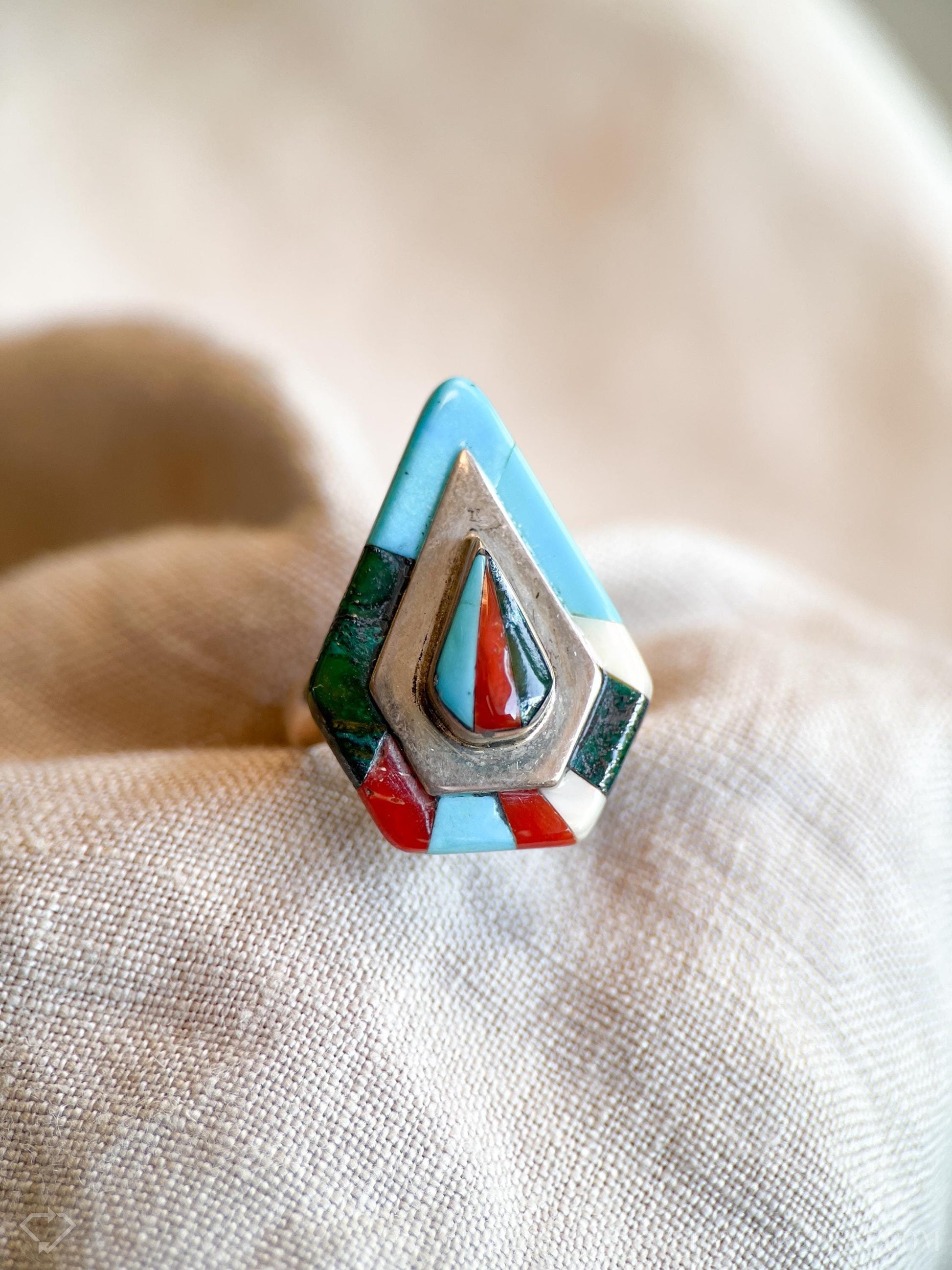 Vintage Inlaid Gemstone Ring in Sterling Silver