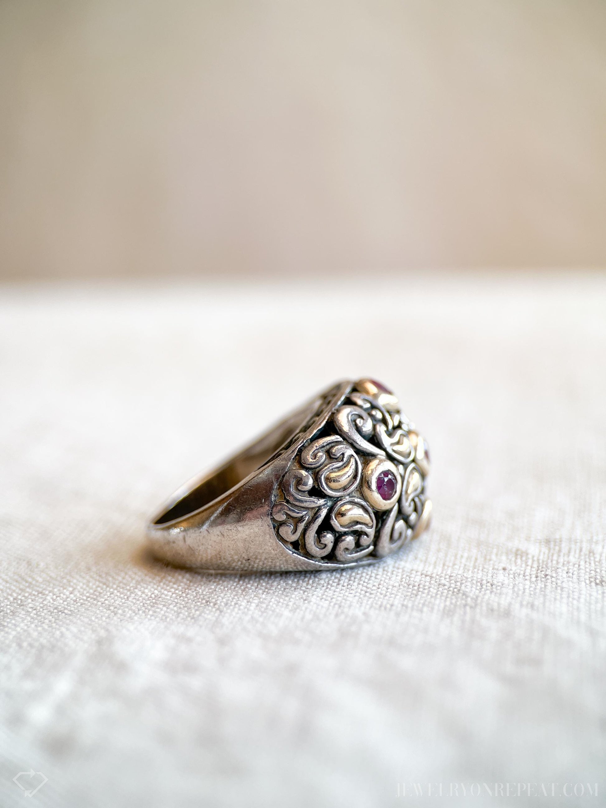 Vintage Ruby Domed Filigree Gemstone Ring in Sterling Silver