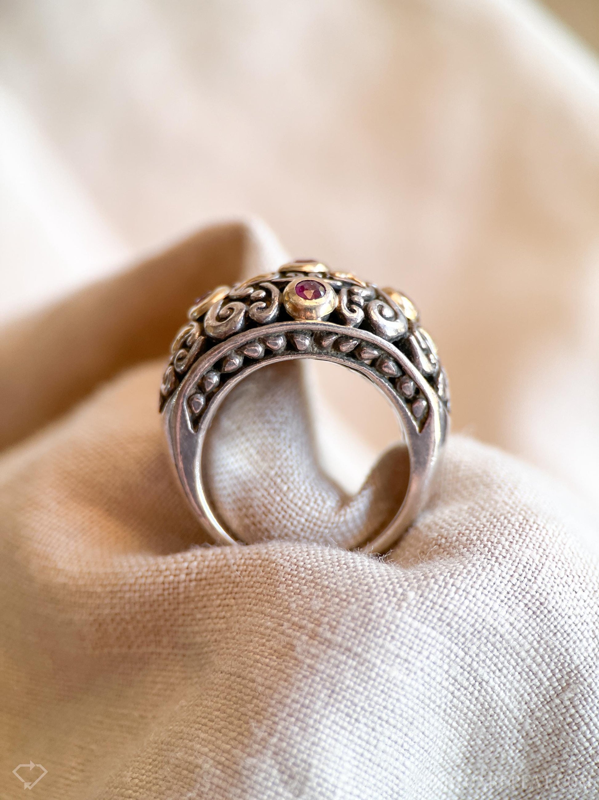 Vintage Ruby Domed Filigree Gemstone Ring in Sterling Silver