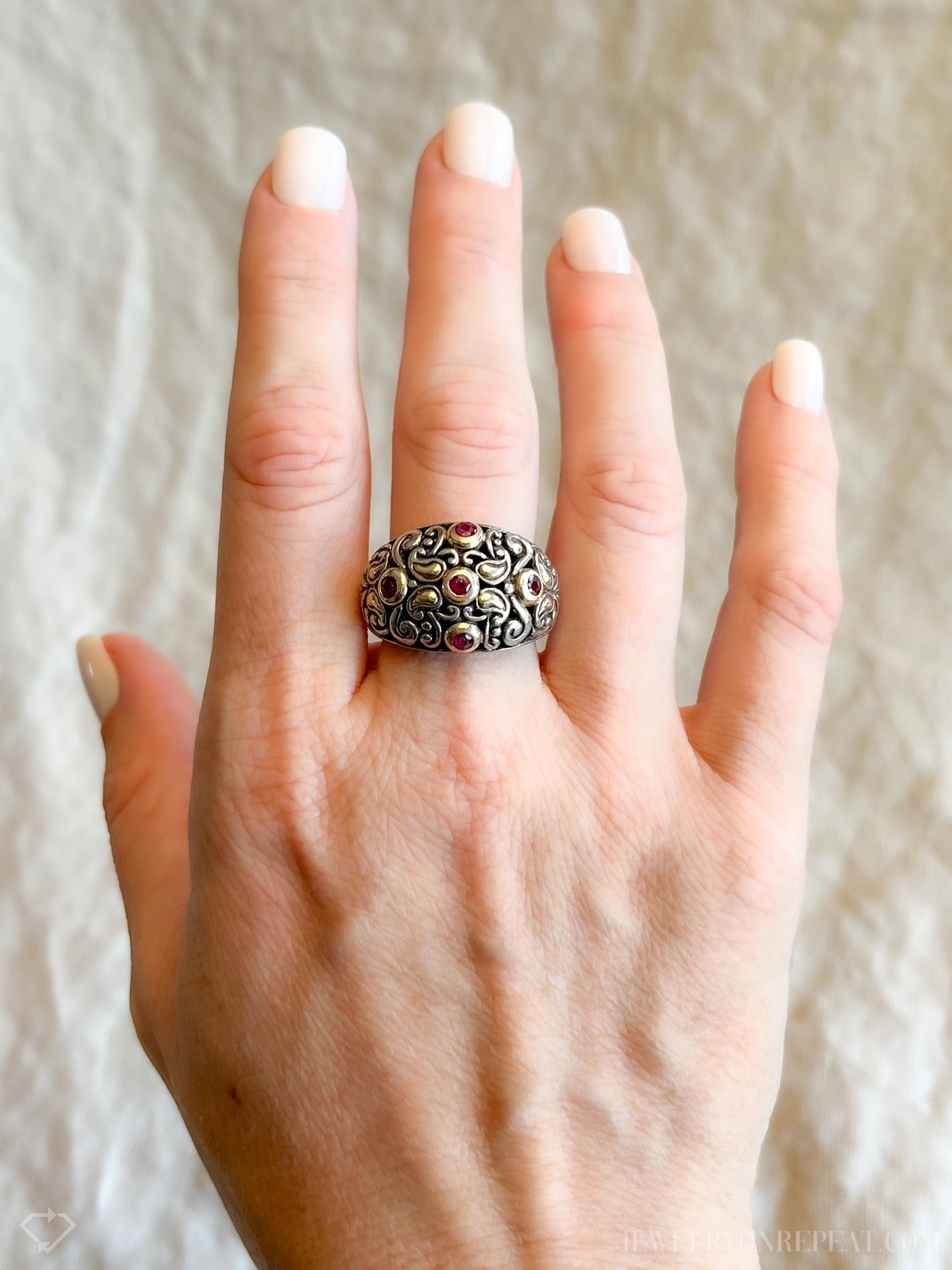 Vintage Ruby Domed Filigree Gemstone Ring in Sterling Silver