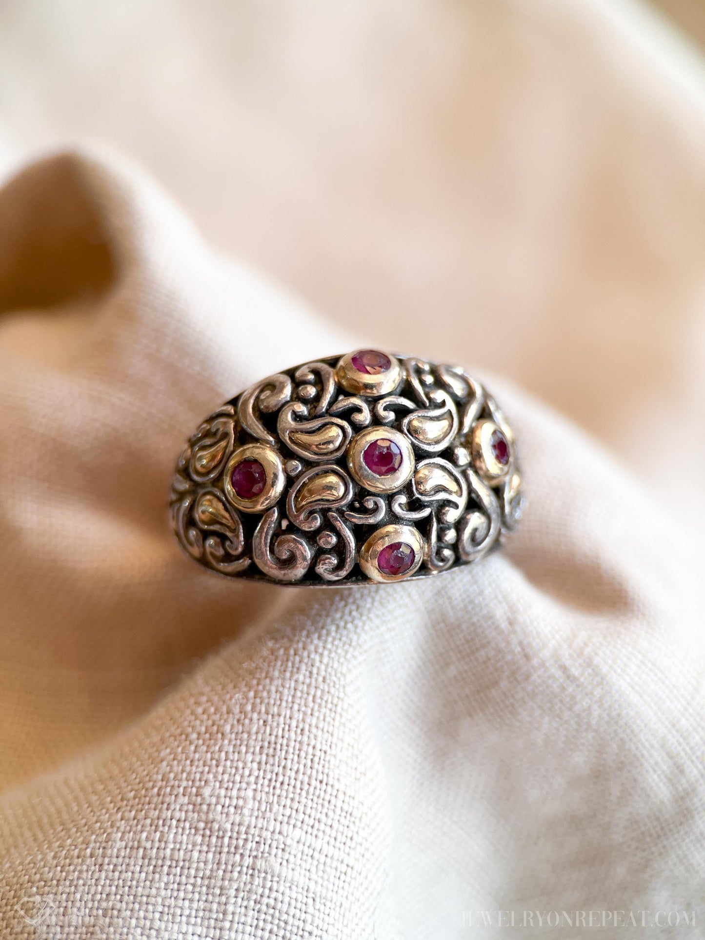 Vintage Ruby Domed Filigree Gemstone Ring in Sterling Silver