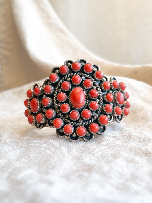 Vintage Red Coral Cuff Bracelet in Sterling Silver