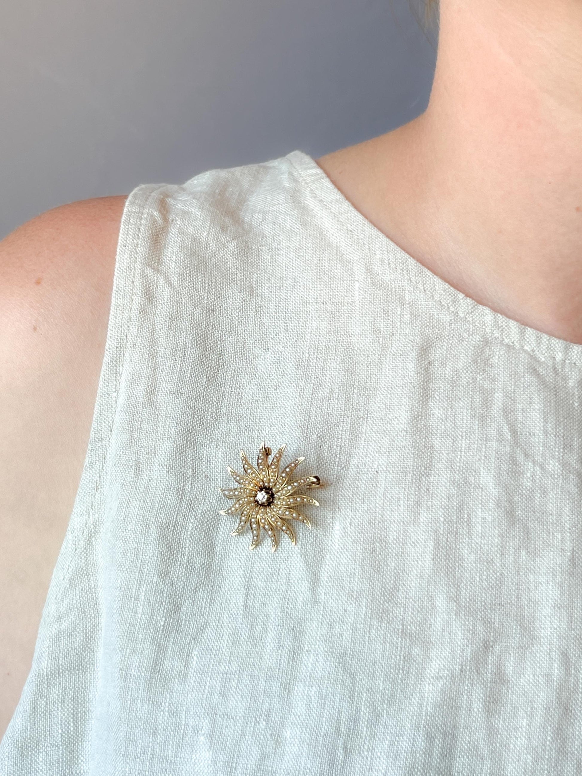 Vintage Diamond Sunburst Brooch in 14k Gold