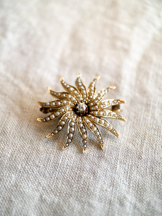 Vintage Diamond Sunburst Brooch in 14k Gold