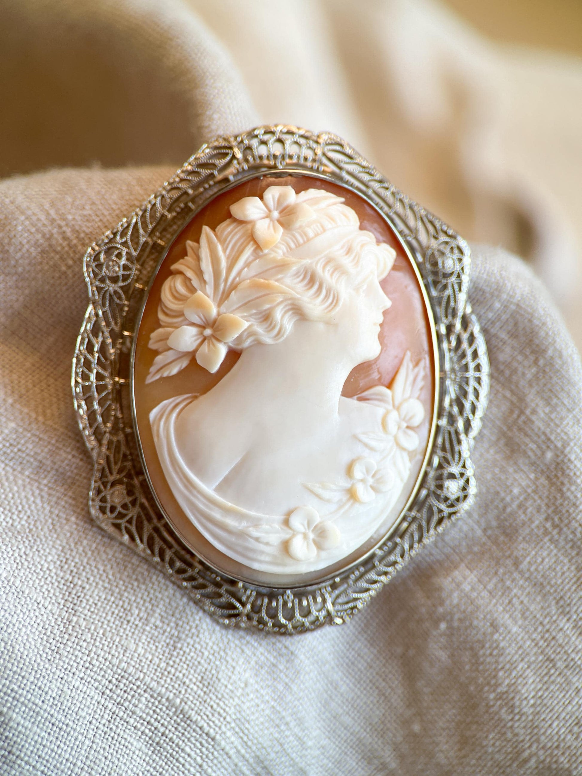 Vintage Cameo Brooch in 10k White Gold