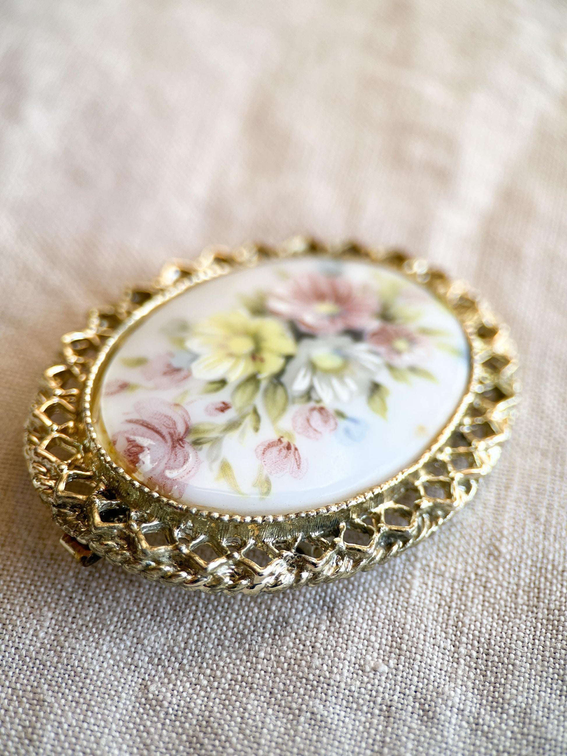 Vintage Floral Painted Porcelain Brooch in Gold Plate