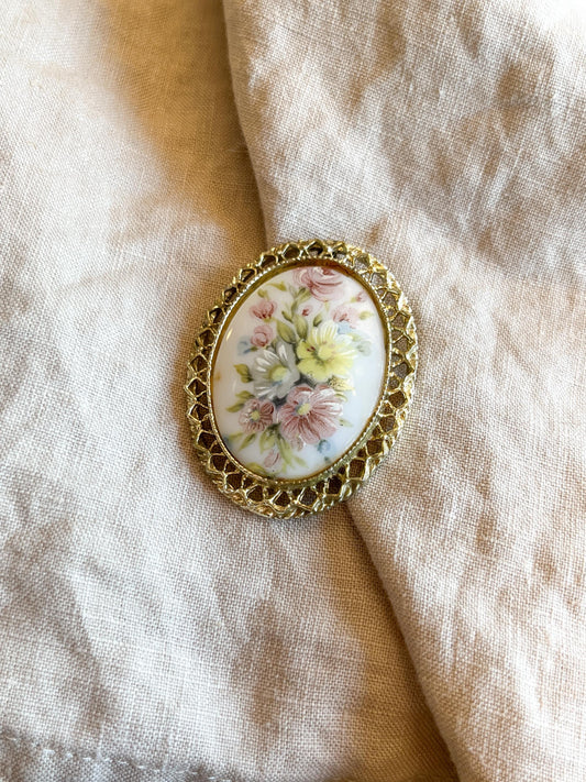 Vintage Floral Painted Porcelain Brooch in Gold Plate