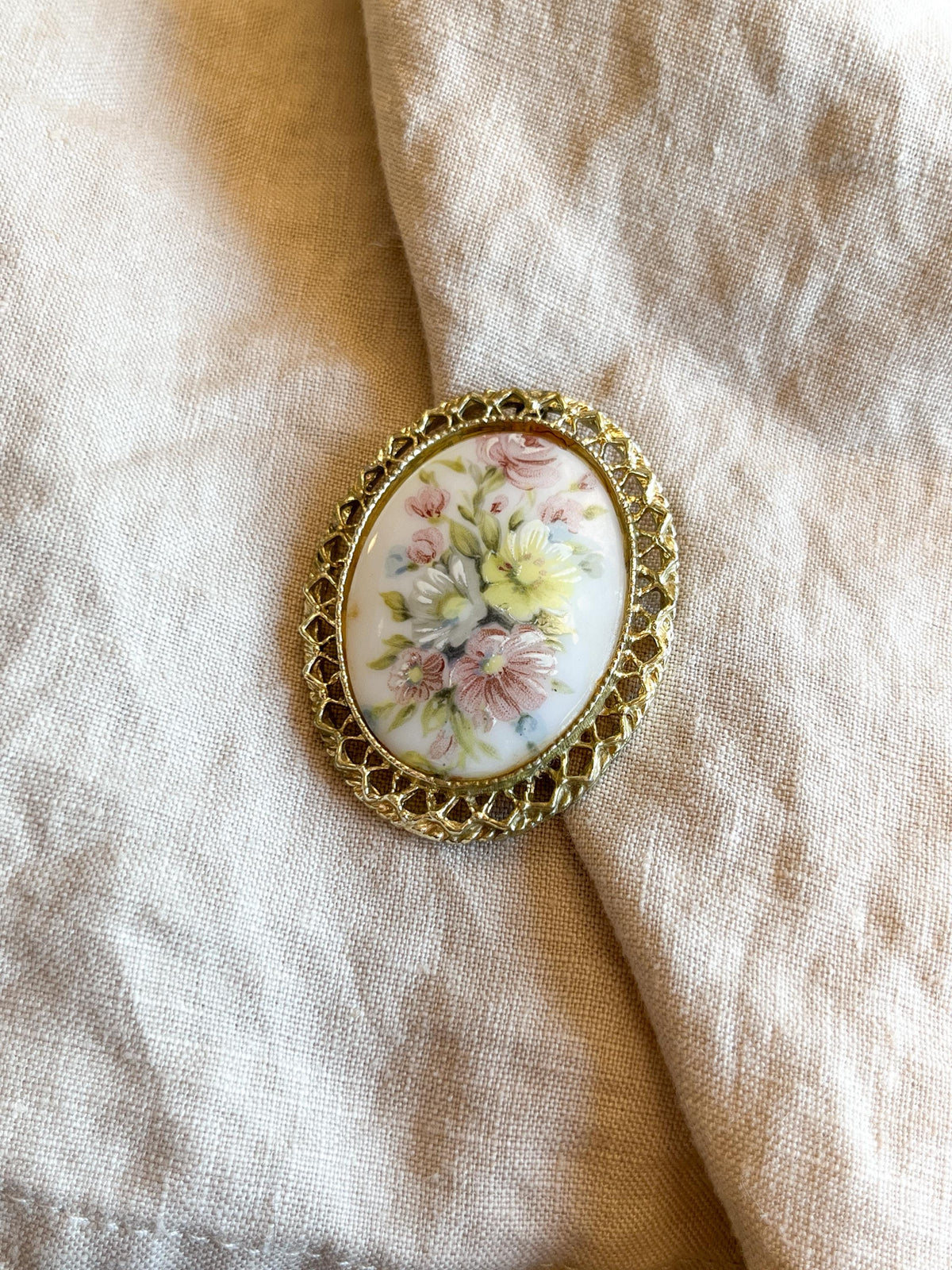 Vintage 1950s Floral Painted Porcelain Brooch, Gold Plated