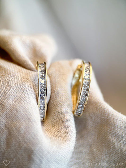 Vintage Diamond Oval Hoop Earrings in 14k Gold