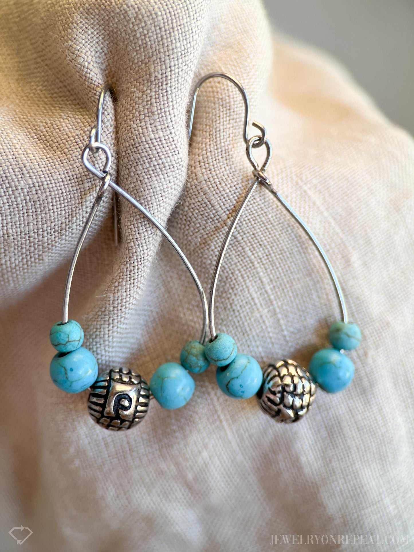 Vintage Blue Turquoise Bead Dangle Earrings in Sterling Silver