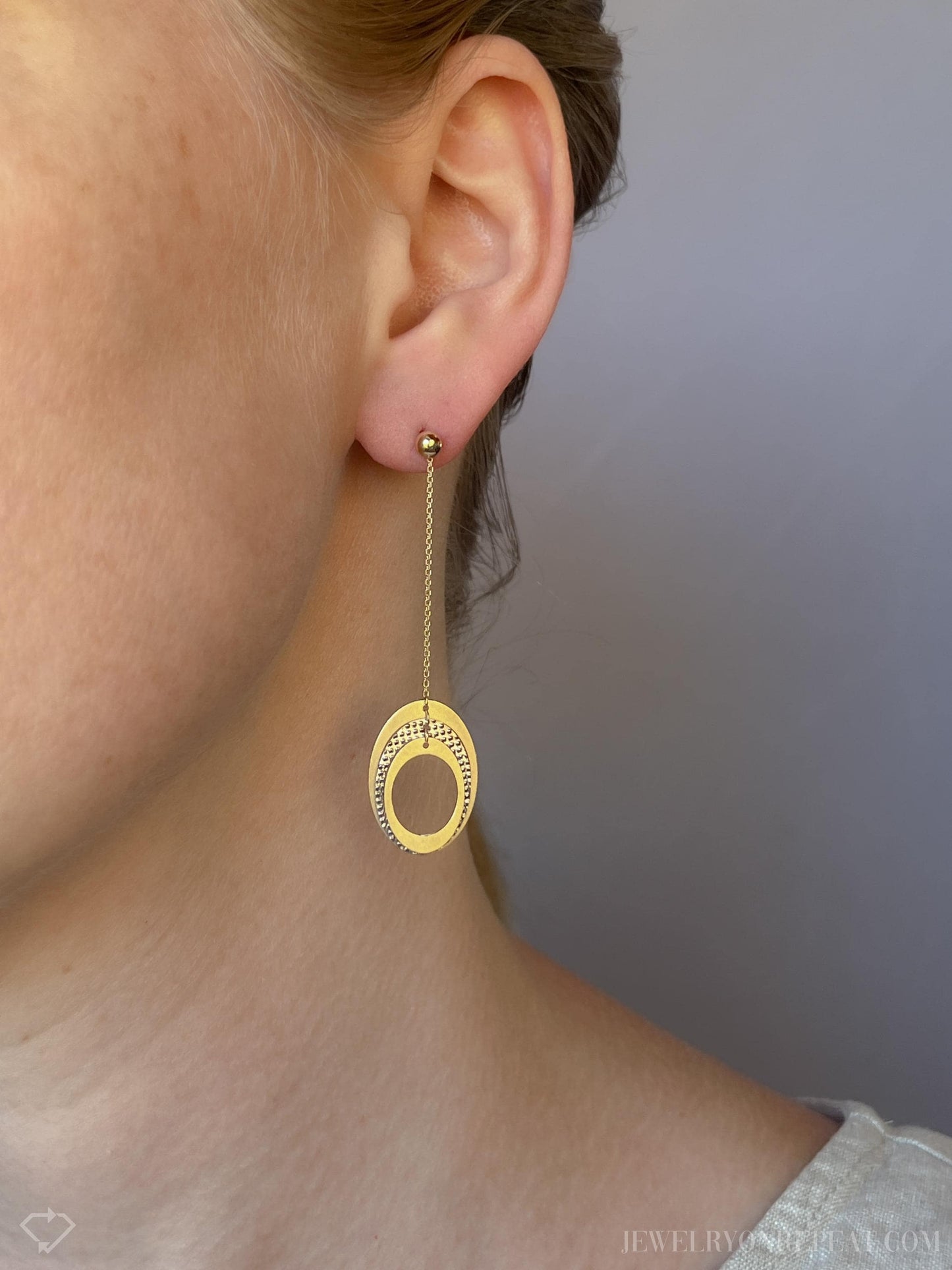 Vintage Geometric Oval Chain Dangle Earrings in 14k Gold