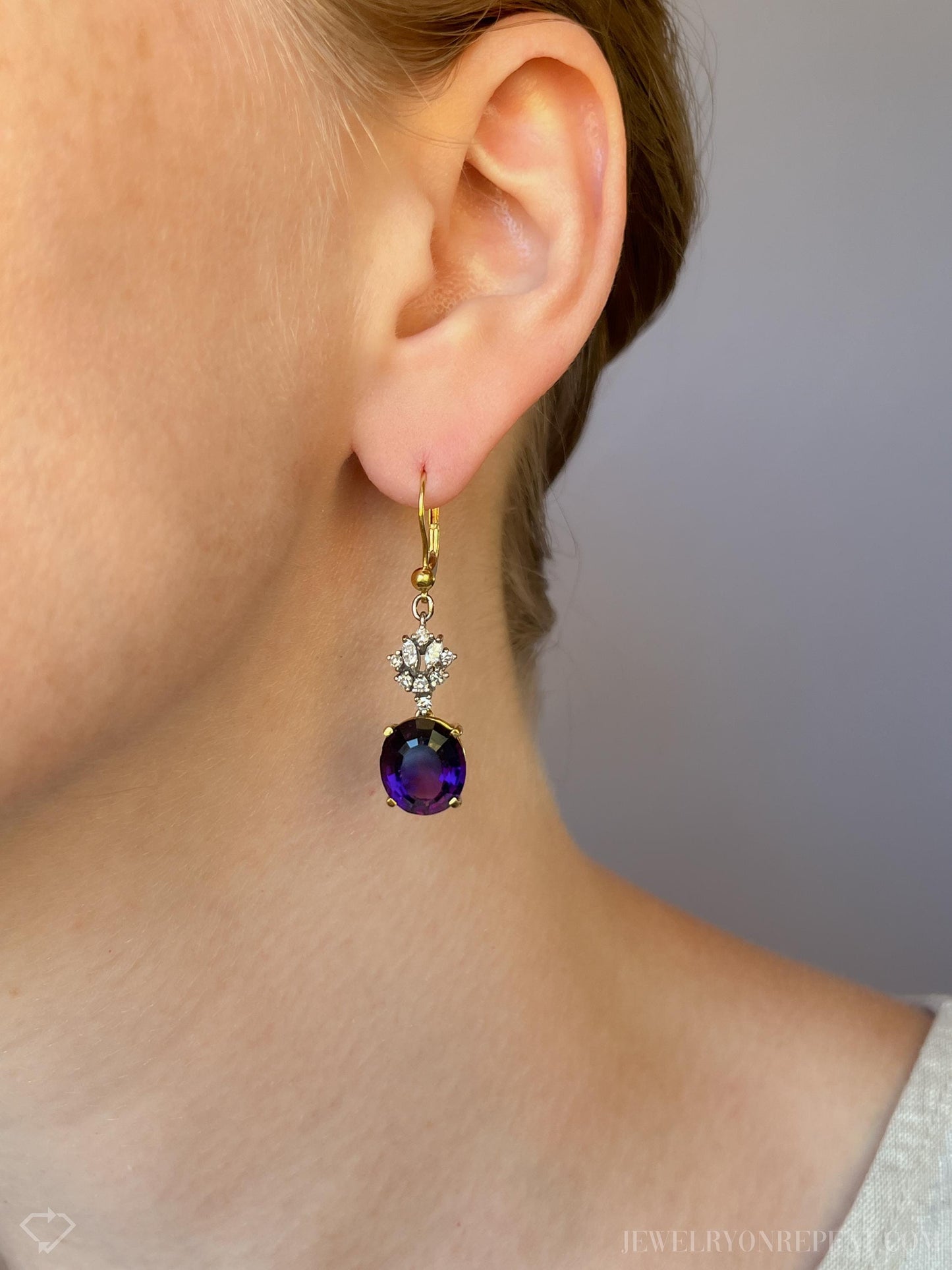 Vintage Amethyst and Diamond Dangle Earrings in 18k Gold