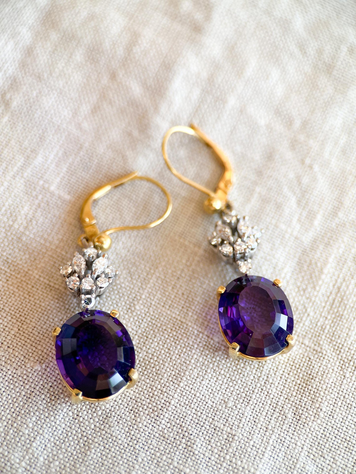 Vintage Amethyst and Diamond Dangle Earrings in 18k Gold