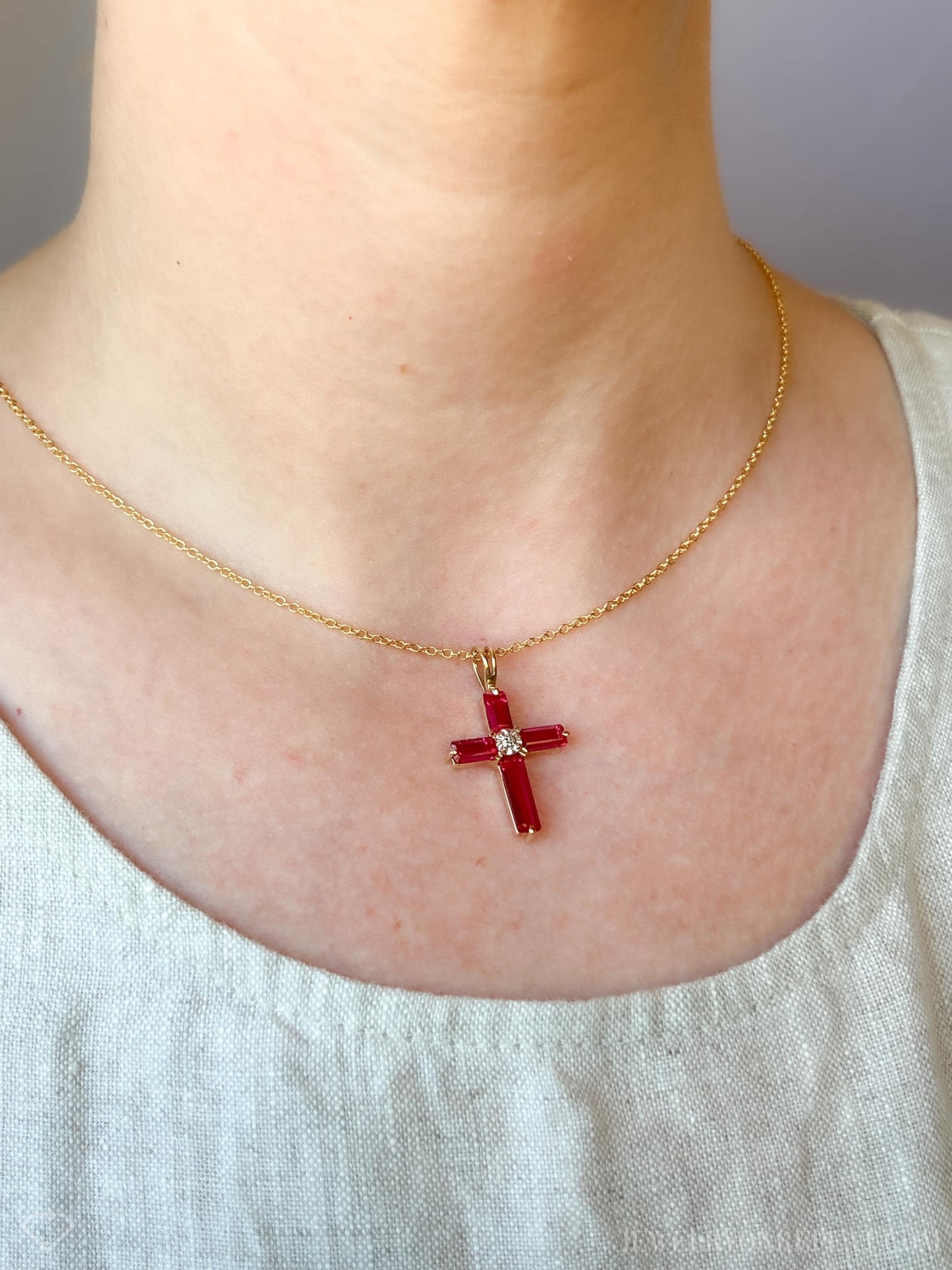 Vintage Ruby Cross Pendant in 14k Gold