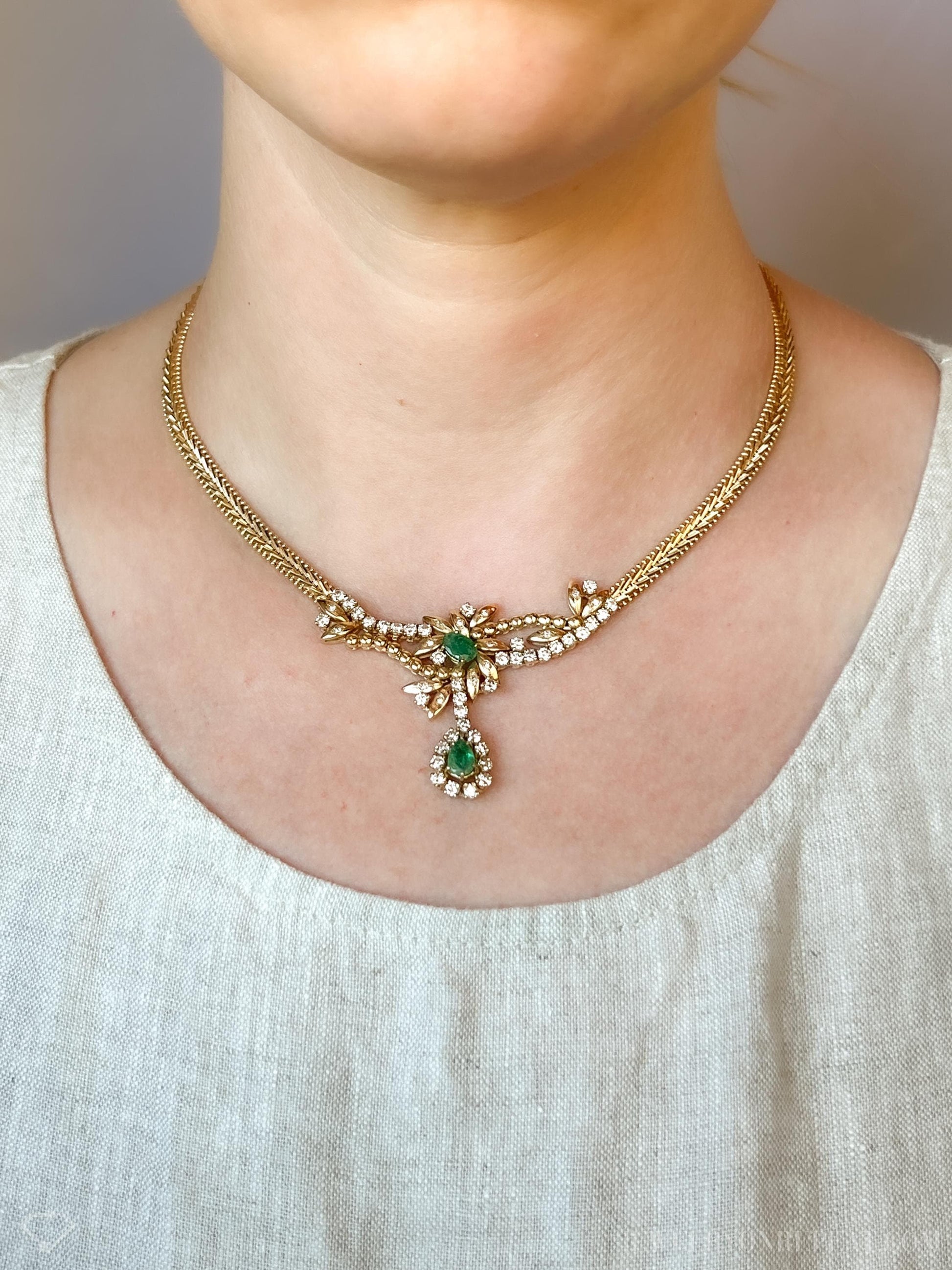 Vintage Emerald and Diamond Necklace in 14k Gold