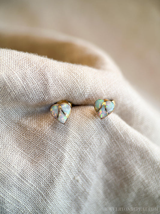 Vintage Opal Heart Stud Earrings in 14k Gold